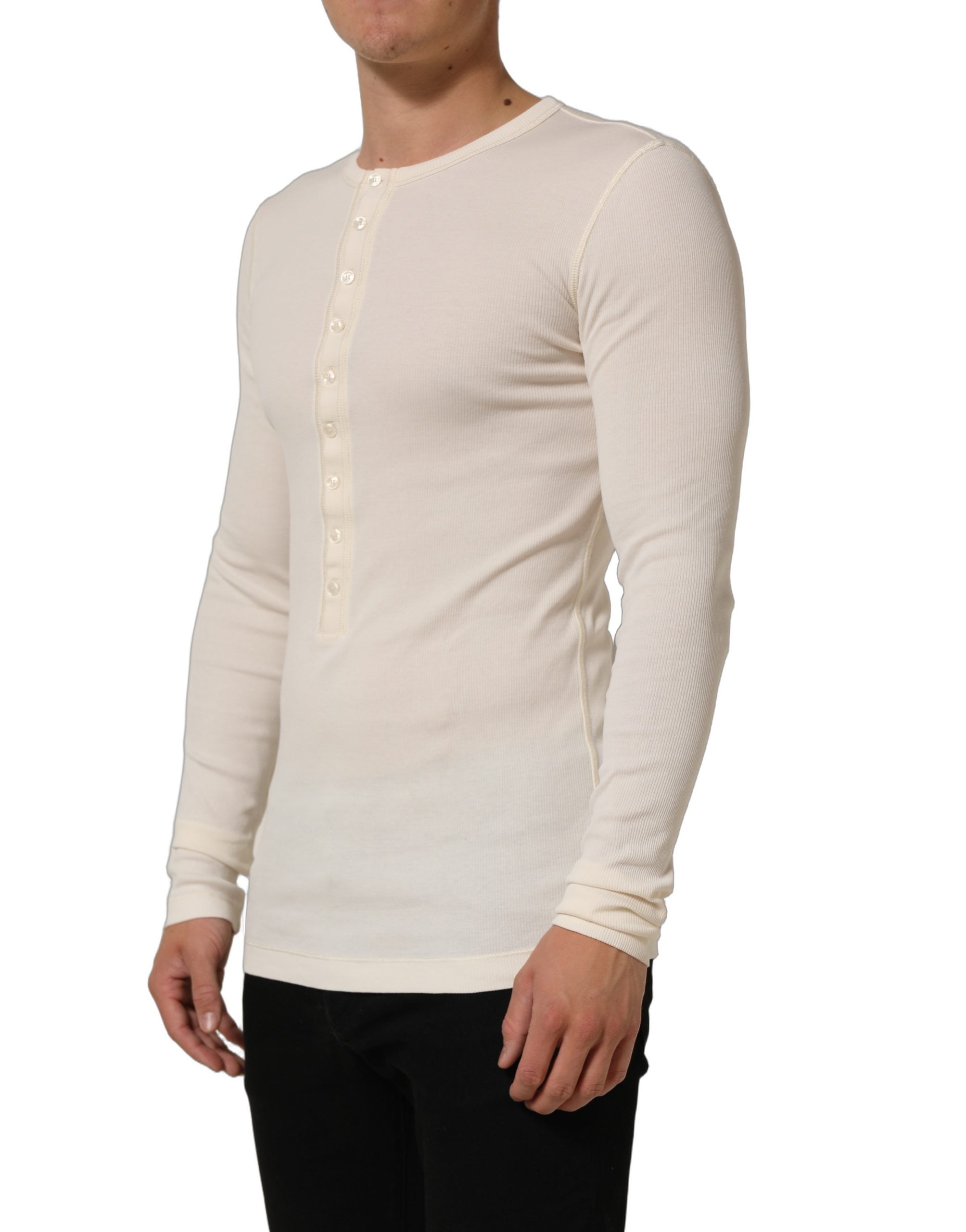 Dolce & Gabbana Off White Cotton Henley Long Sleeves Men's T-shirt