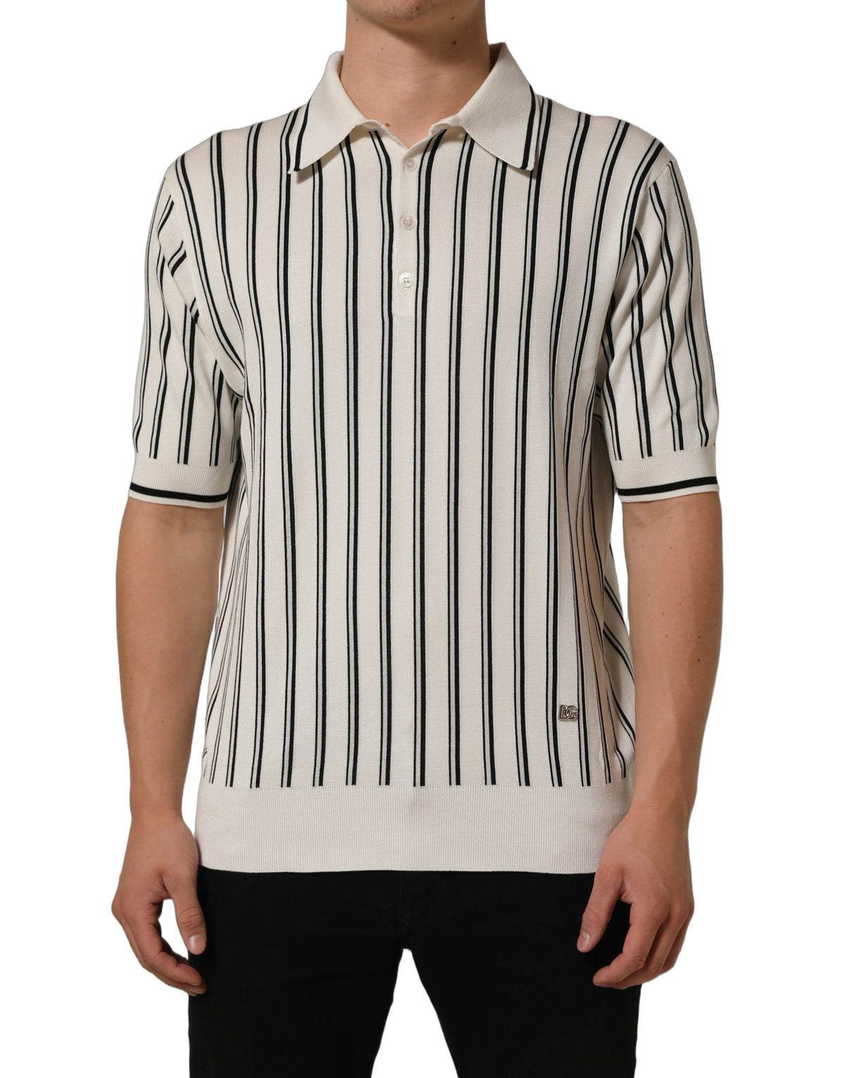 Dolce & Gabbana White Black Stripe Collared Polo Men's T-shirt