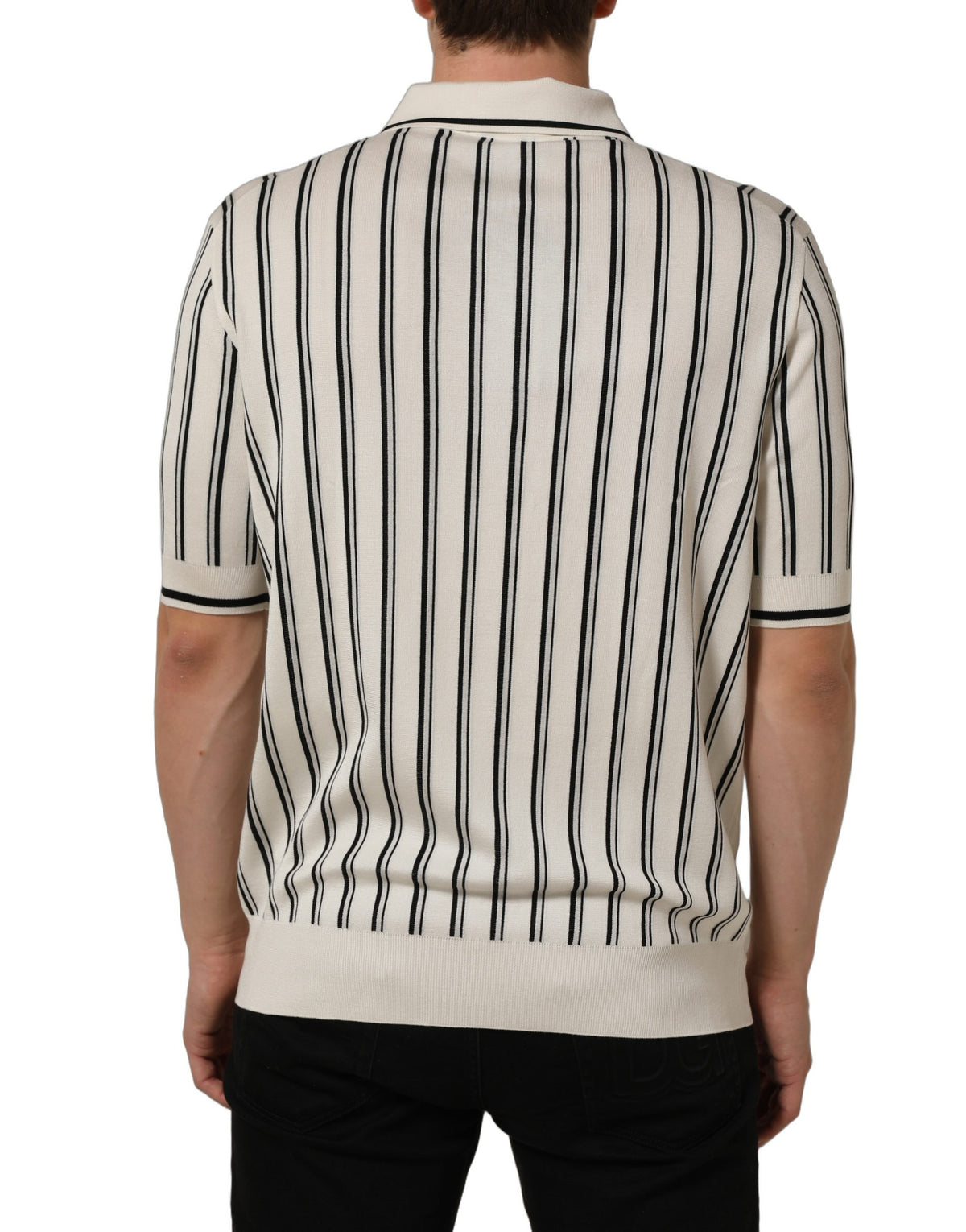 Dolce & Gabbana White Black Stripe Collared Polo Men's T-shirt