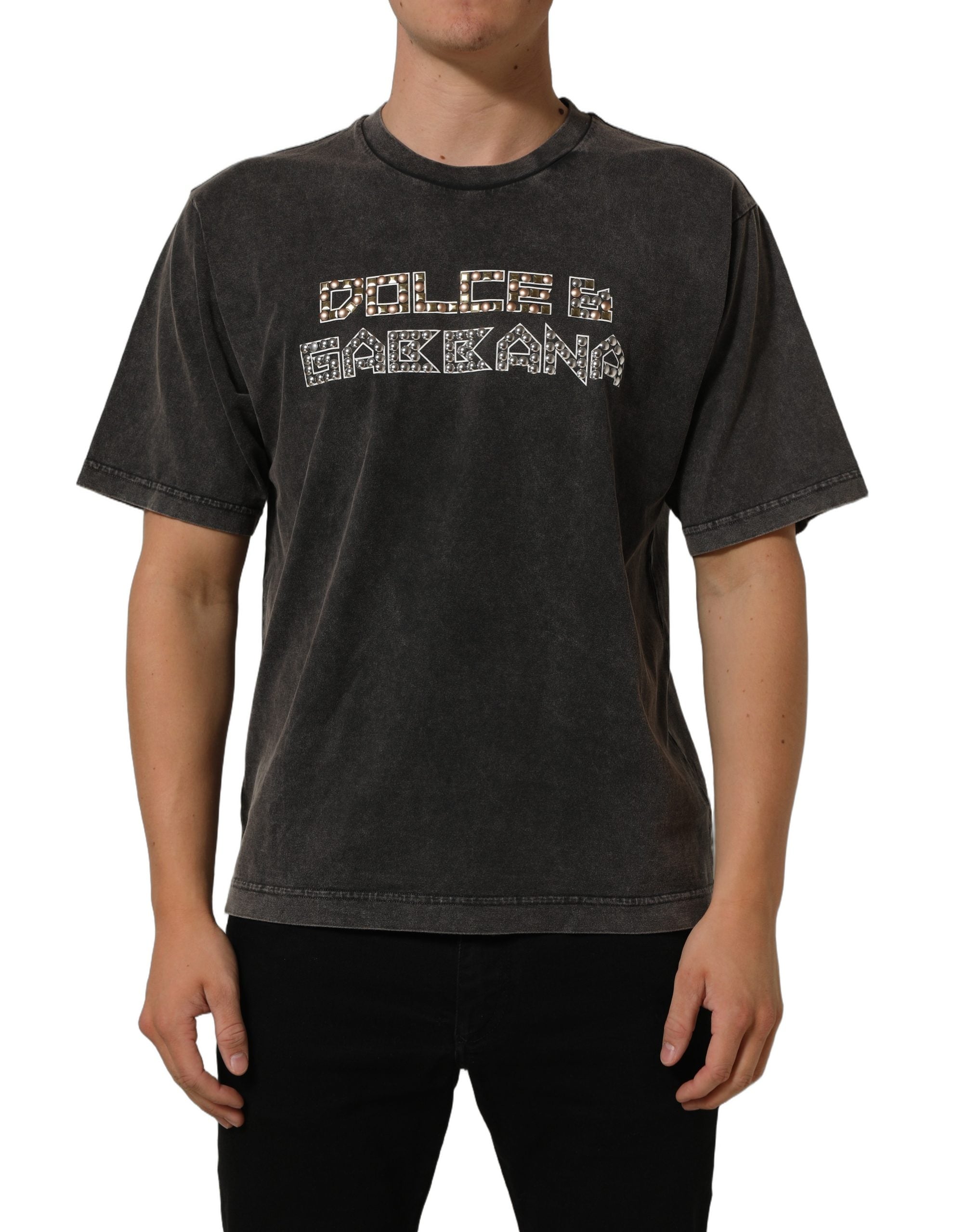 Dolce & Gabbana Gray Cotton Logo Stud Embellished Men's T-shirt (Pre-Owned)