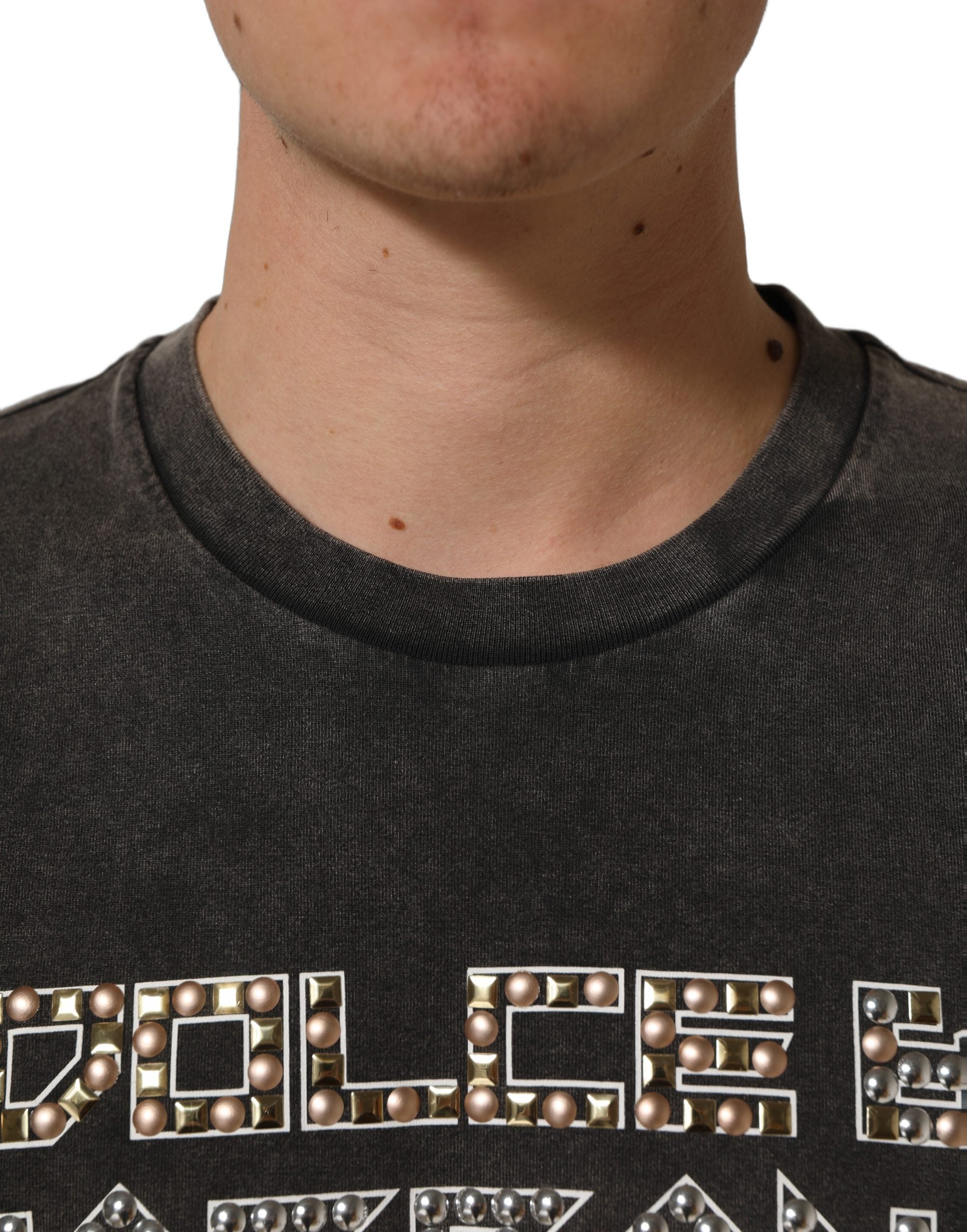 Dolce & Gabbana Gray Cotton Logo Stud Embellished Men's T-shirt (Pre-Owned)