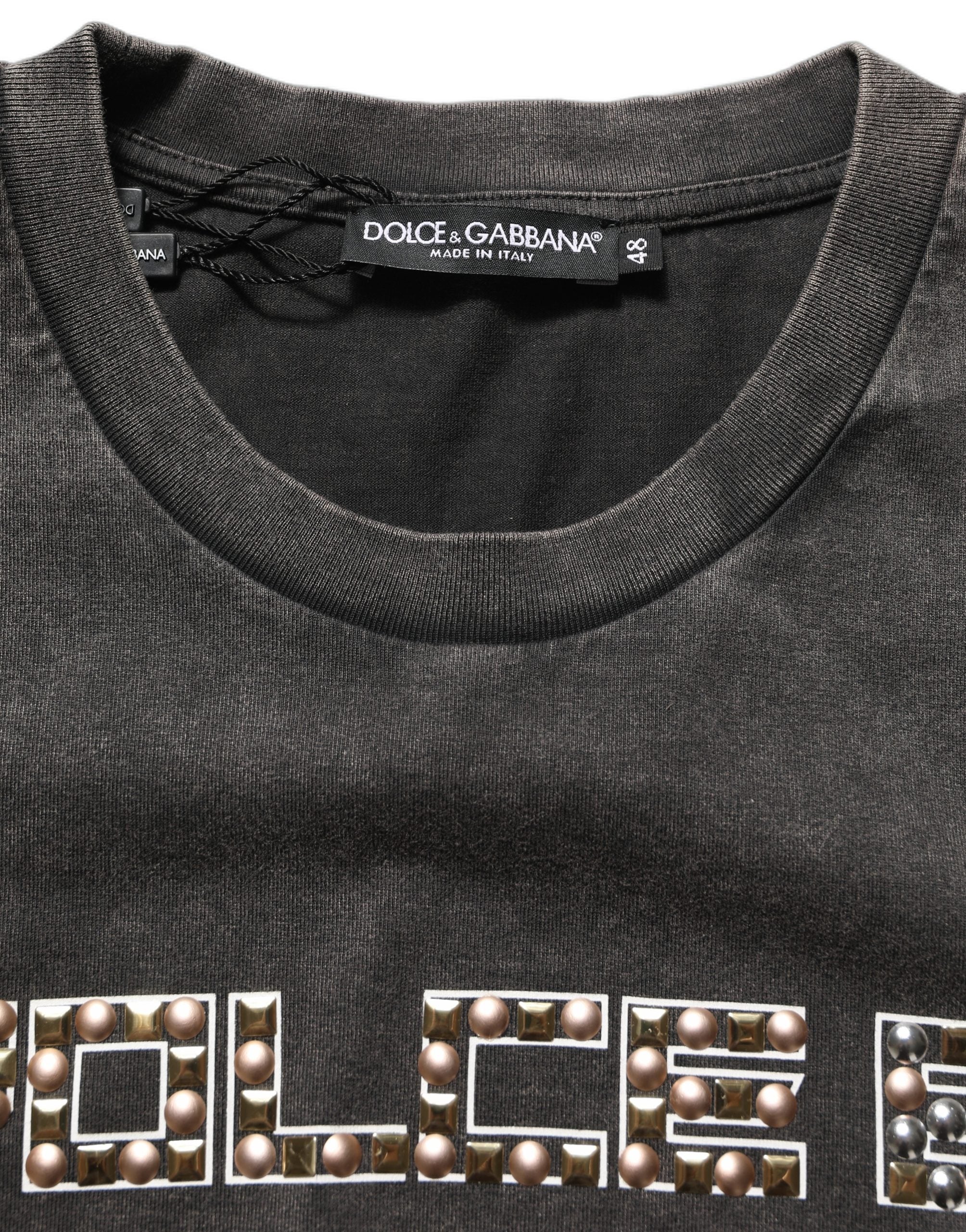 Dolce & Gabbana Gray Cotton Logo Stud Embellished Men's T-shirt (Pre-Owned)