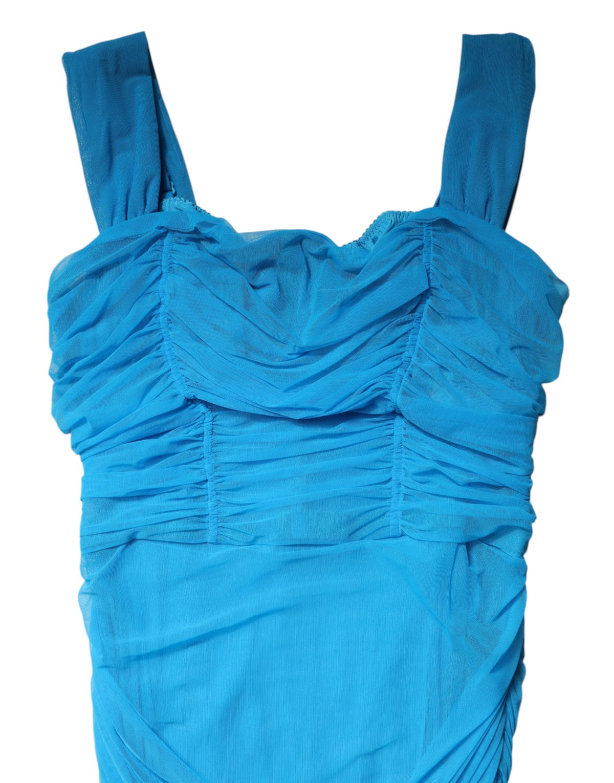 Dolce & Gabbana Blue Ruched Tulle Midi Square Neck Women's Dress