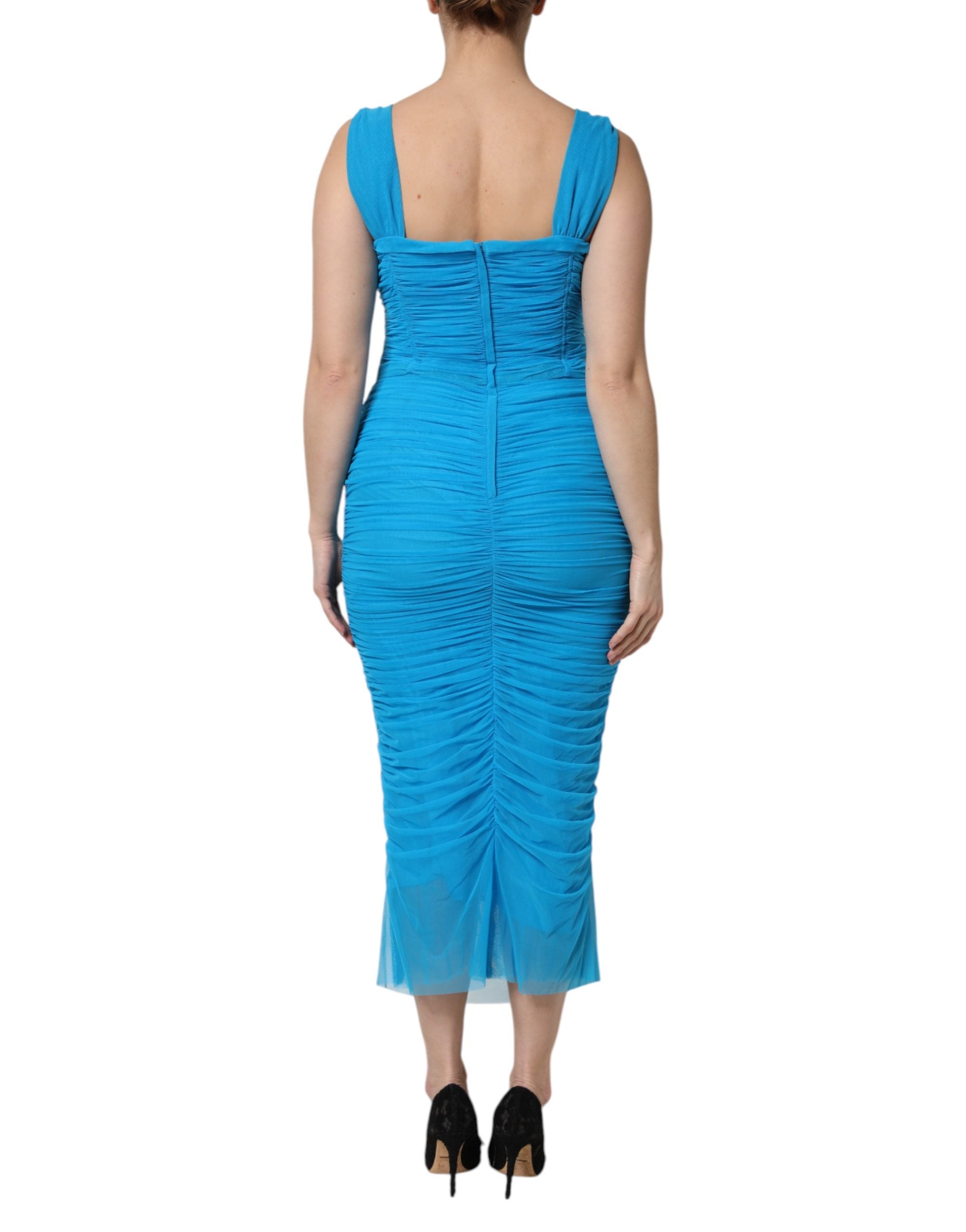 Dolce & Gabbana Blue Ruched Tulle Midi Square Neck Women's Dress