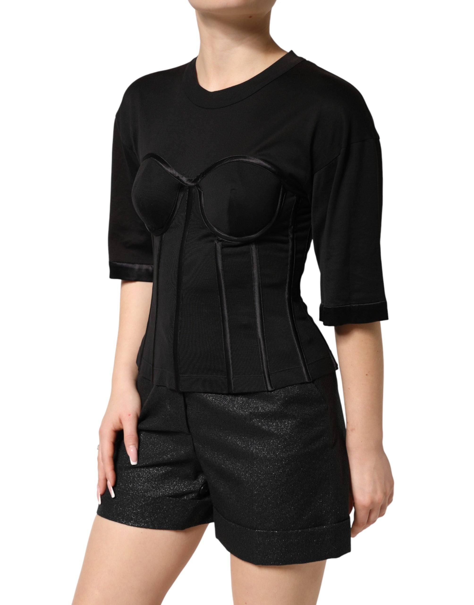Dolce & Gabbana Black Cotton Short Sleeve Bustier T-shirt Women's Top (Pre-Owned)