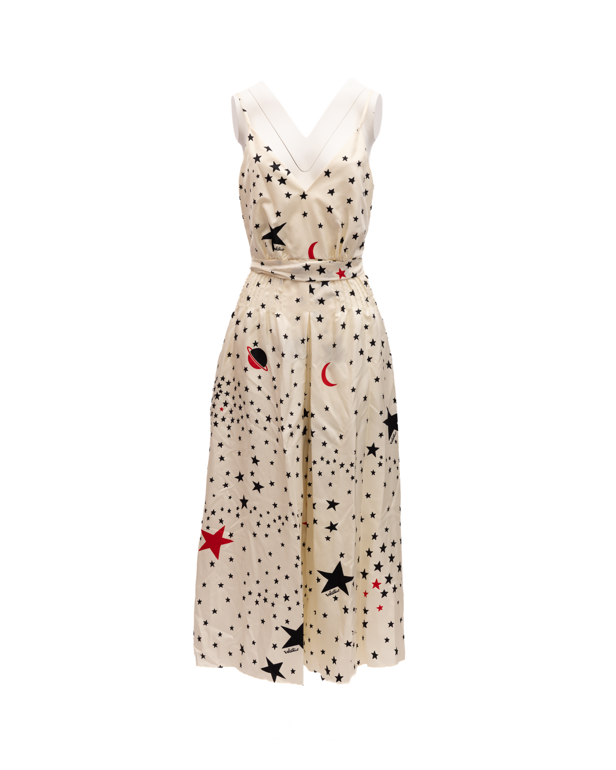 Valentino Garavani Midi Cream With Black And Red Stars Women's Dress