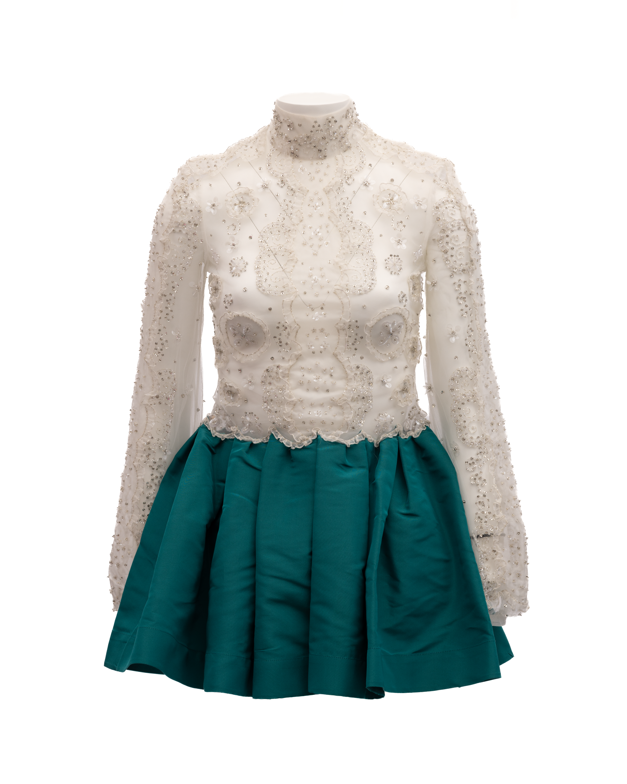 Valentino Garavani White Beaded Lace Mini Dress with Teal Women's Skirt