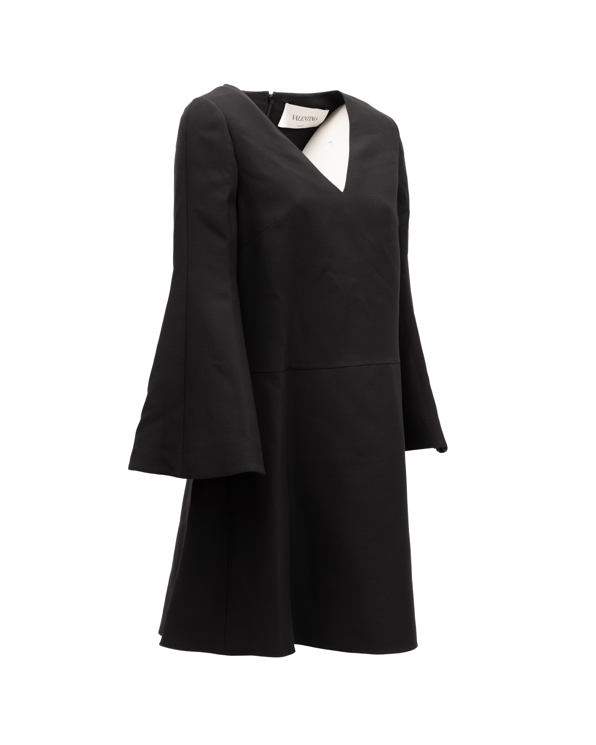 Valentino Garavani Black V-Neck Dress with Flared Women's Sleeves