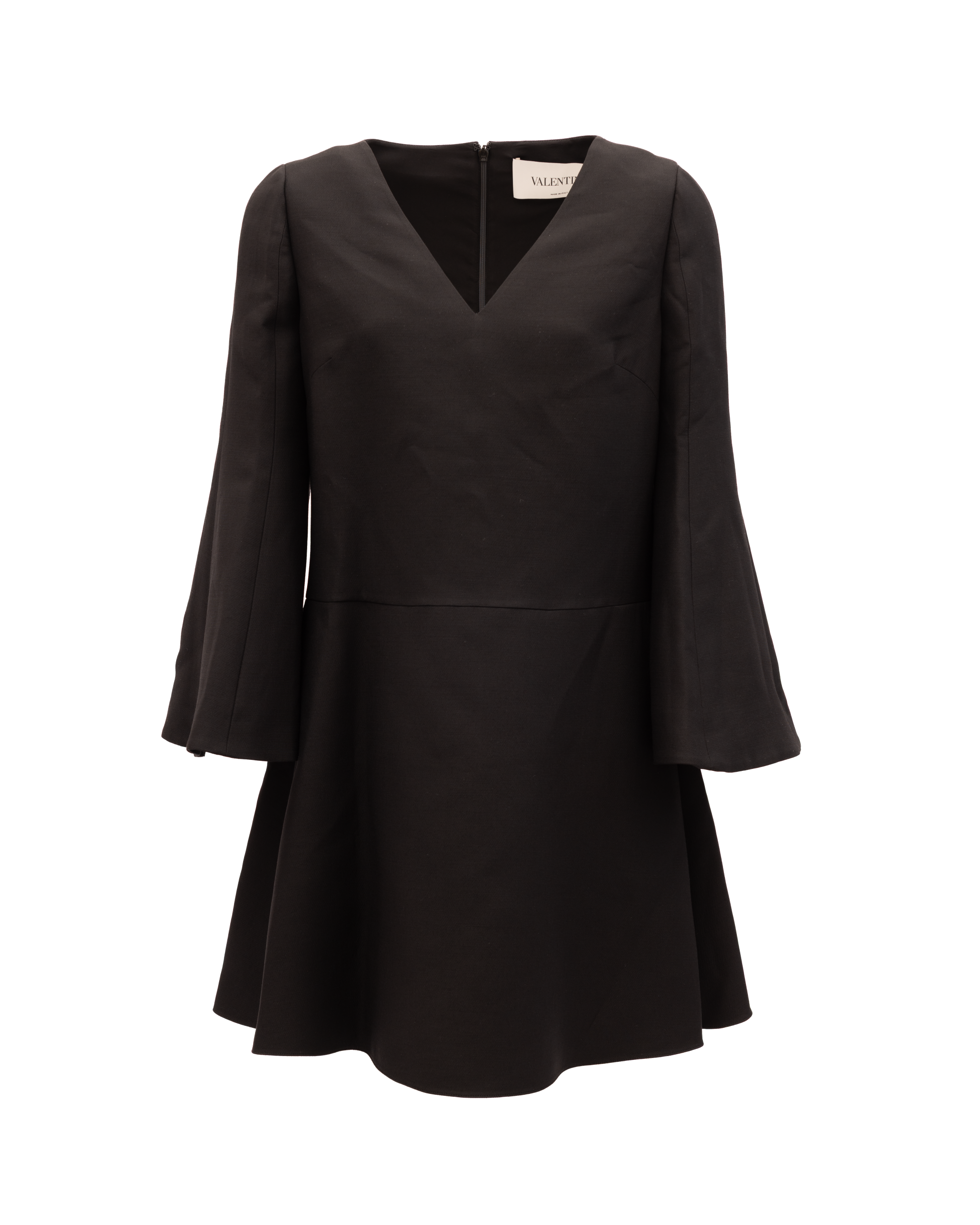 Valentino Garavani Black V-Neck Dress with Flared Women's Sleeves