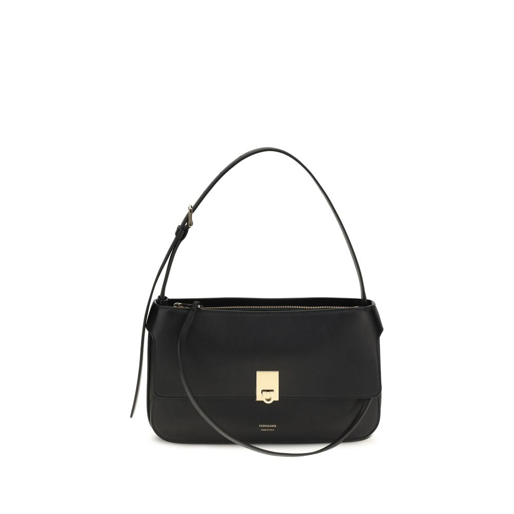 Ferragamo Black Calf Leather Bos Taurus Shoulder Women's Bag