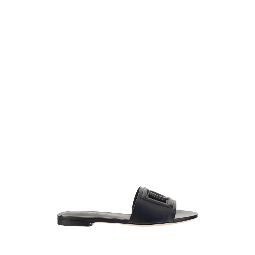 Dolce & Gabbana Black Calf Leather Bos Taurus Flat Women's Sandals