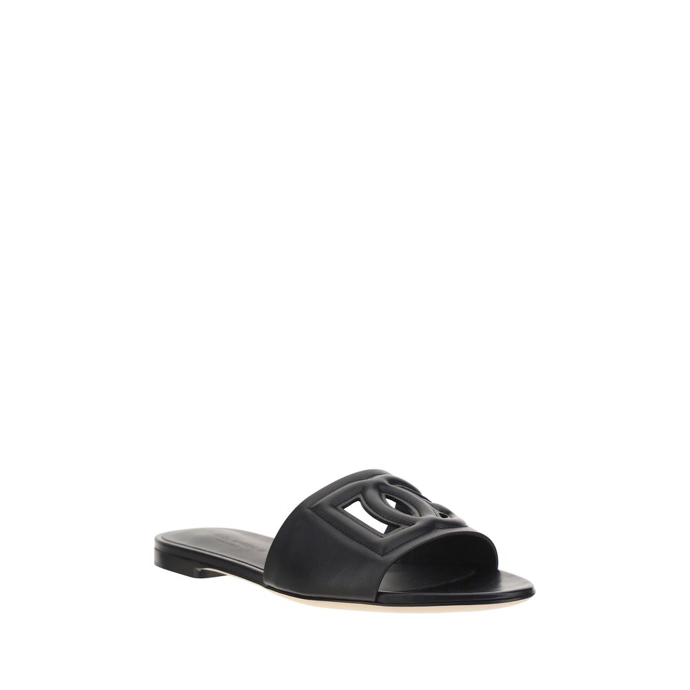 Dolce & Gabbana Black Calf Leather Bos Taurus Flat Women's Sandals