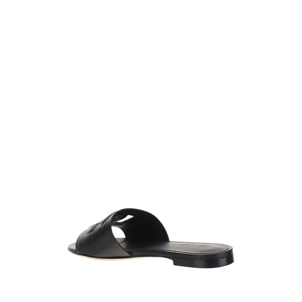 Dolce & Gabbana Black Calf Leather Bos Taurus Flat Women's Sandals