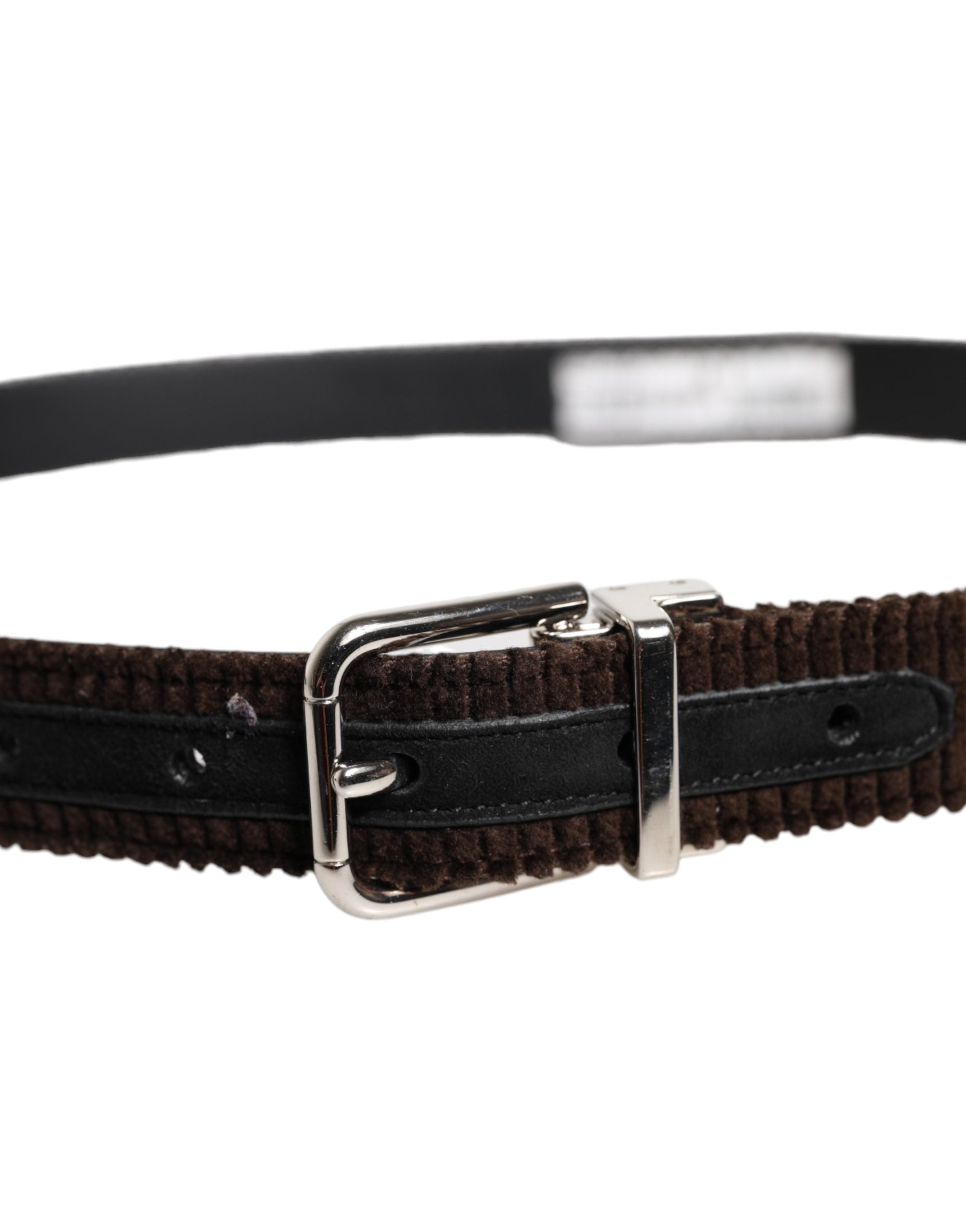 Dolce & Gabbana Men Brown Velvet Ridged Silver Buckle Men's Belt