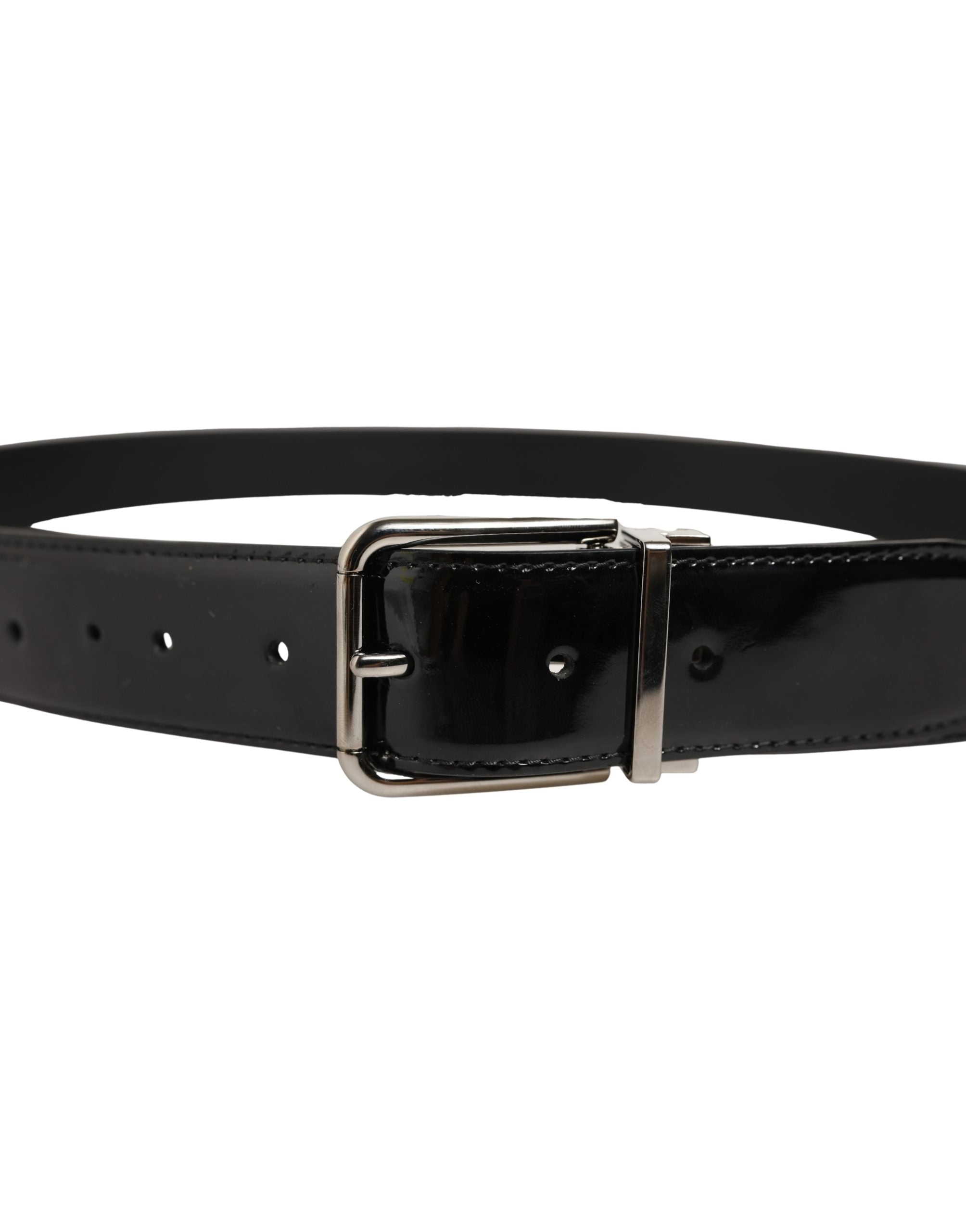 Dolce & Gabbana Black Patent Leather Silver Metal Buckle Men's Belt (Pre-Owned)