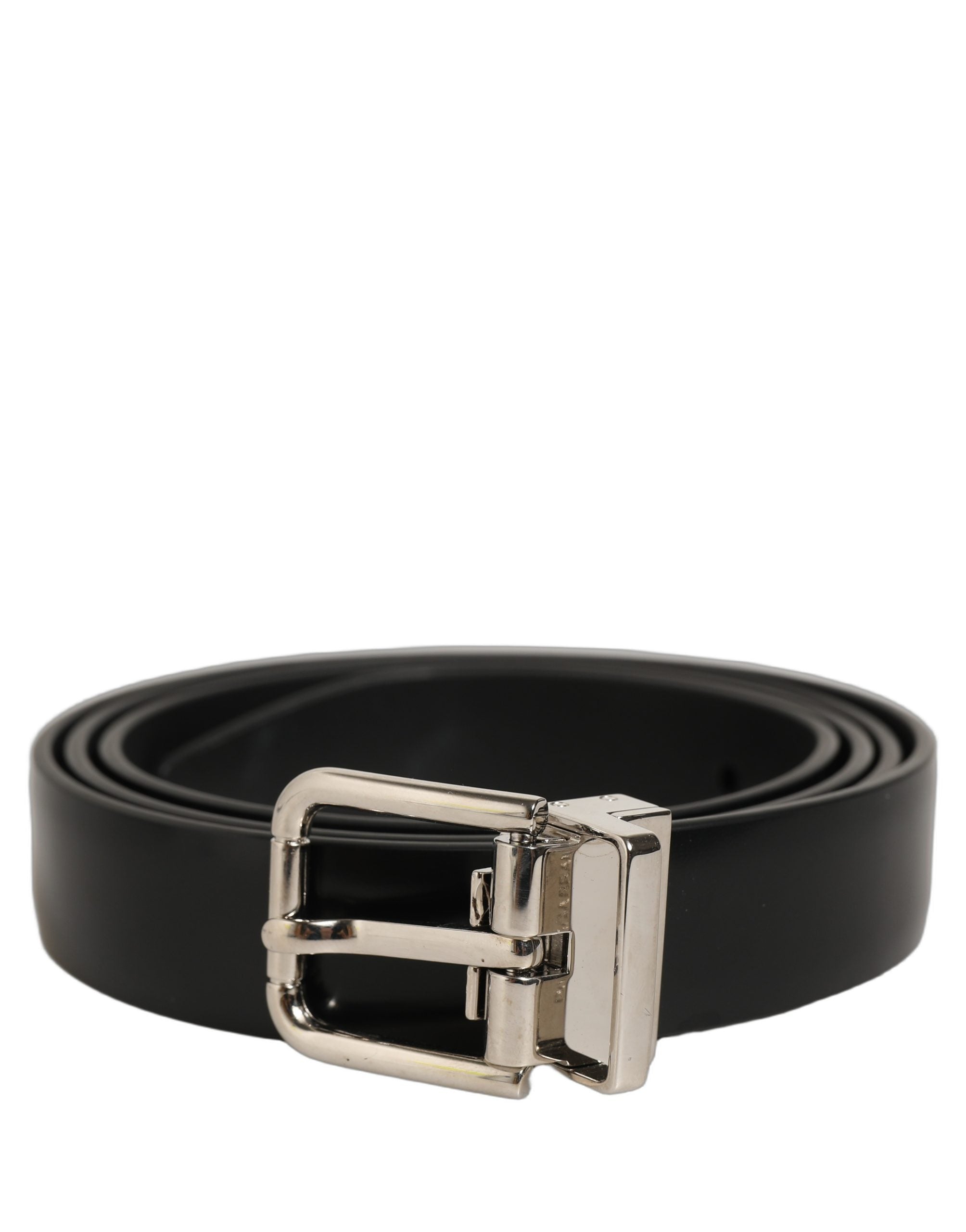 Dolce & Gabbana Black Leather Silver Tone Metal Buckle Men's Belt