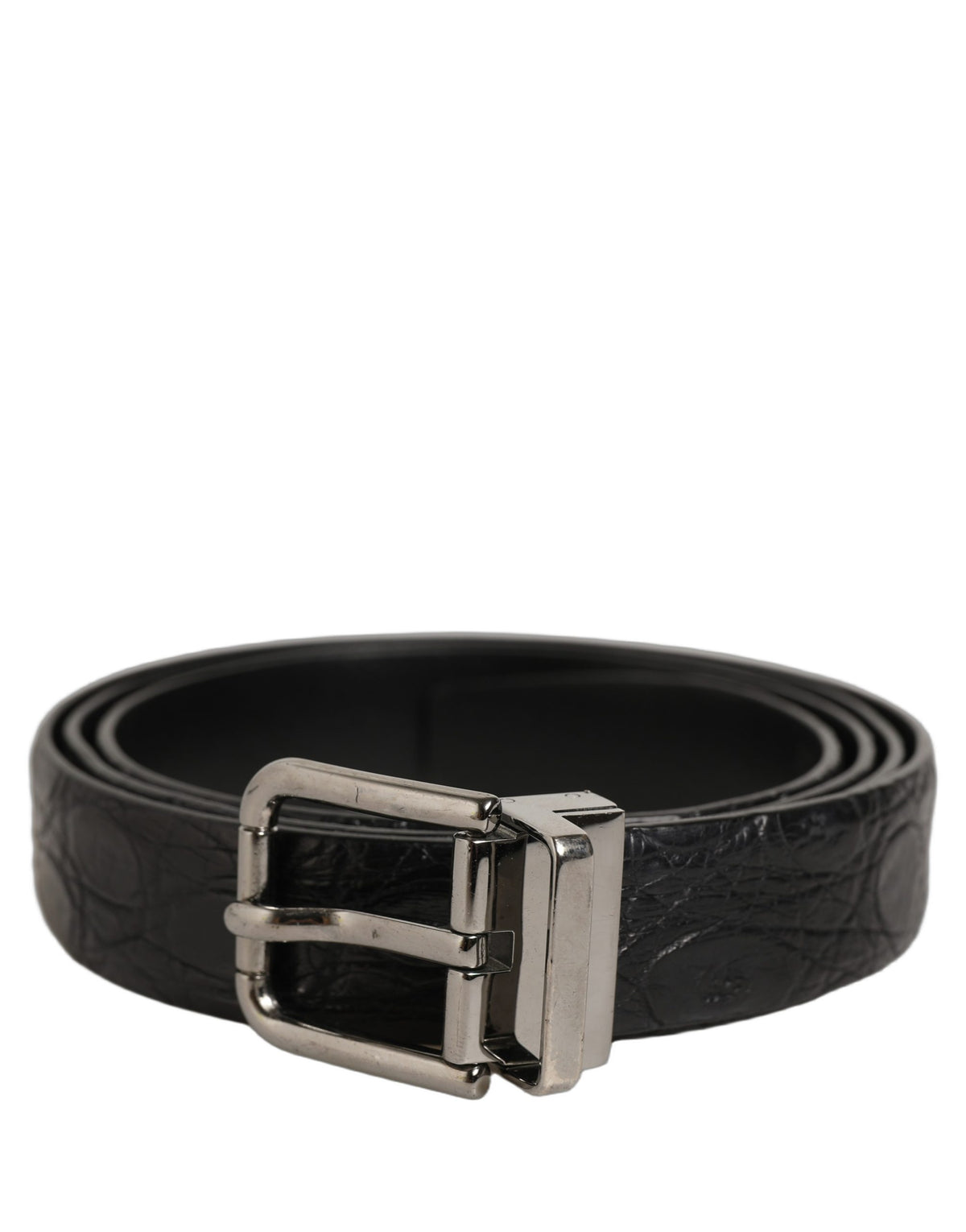 Dolce & Gabbana Black Leather Silver Metal Buckle Men Men's Belt (Pre-Owned)