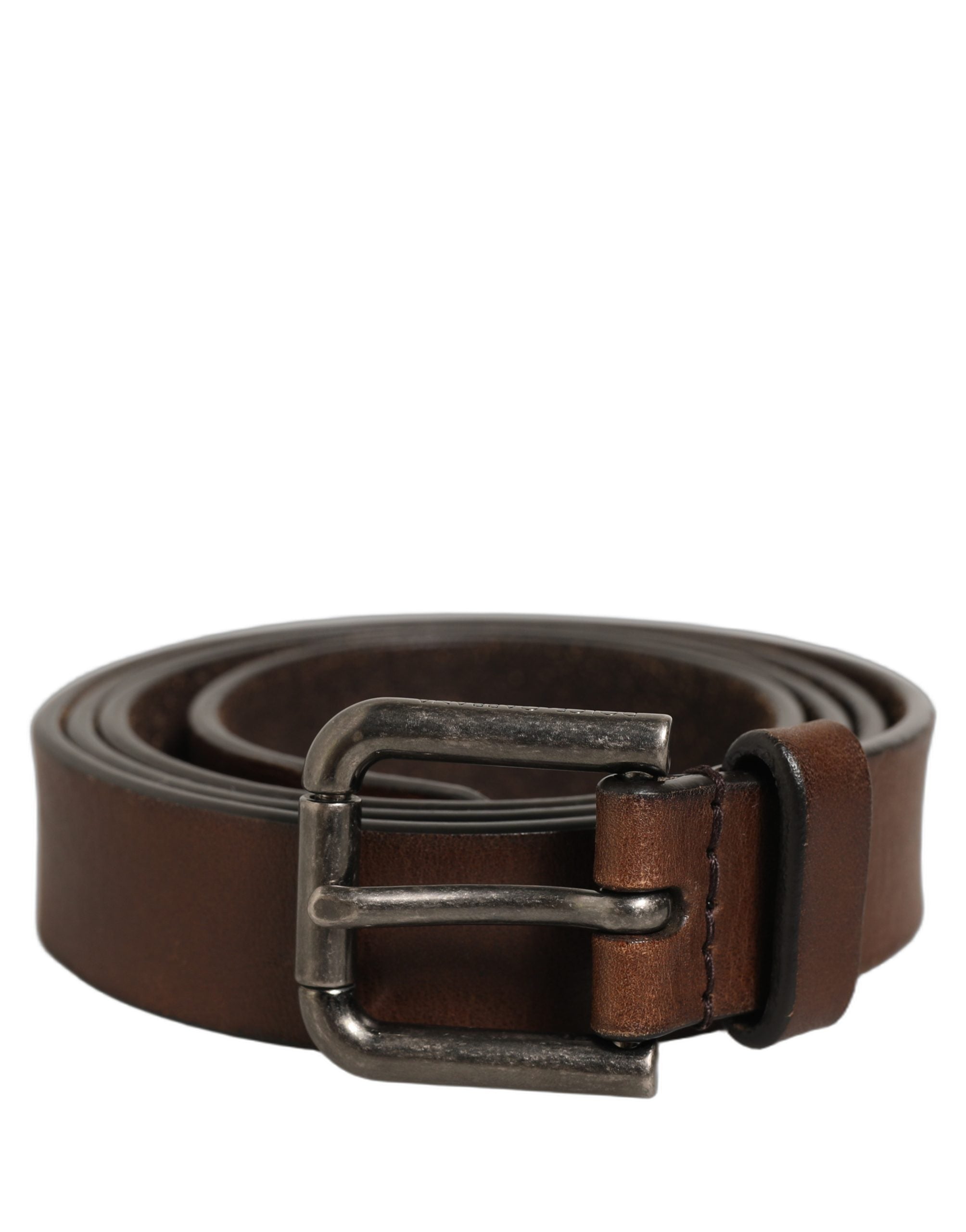 Dolce & Gabbana Brown Leather Silver Tone Metal Buckle Men's Belt