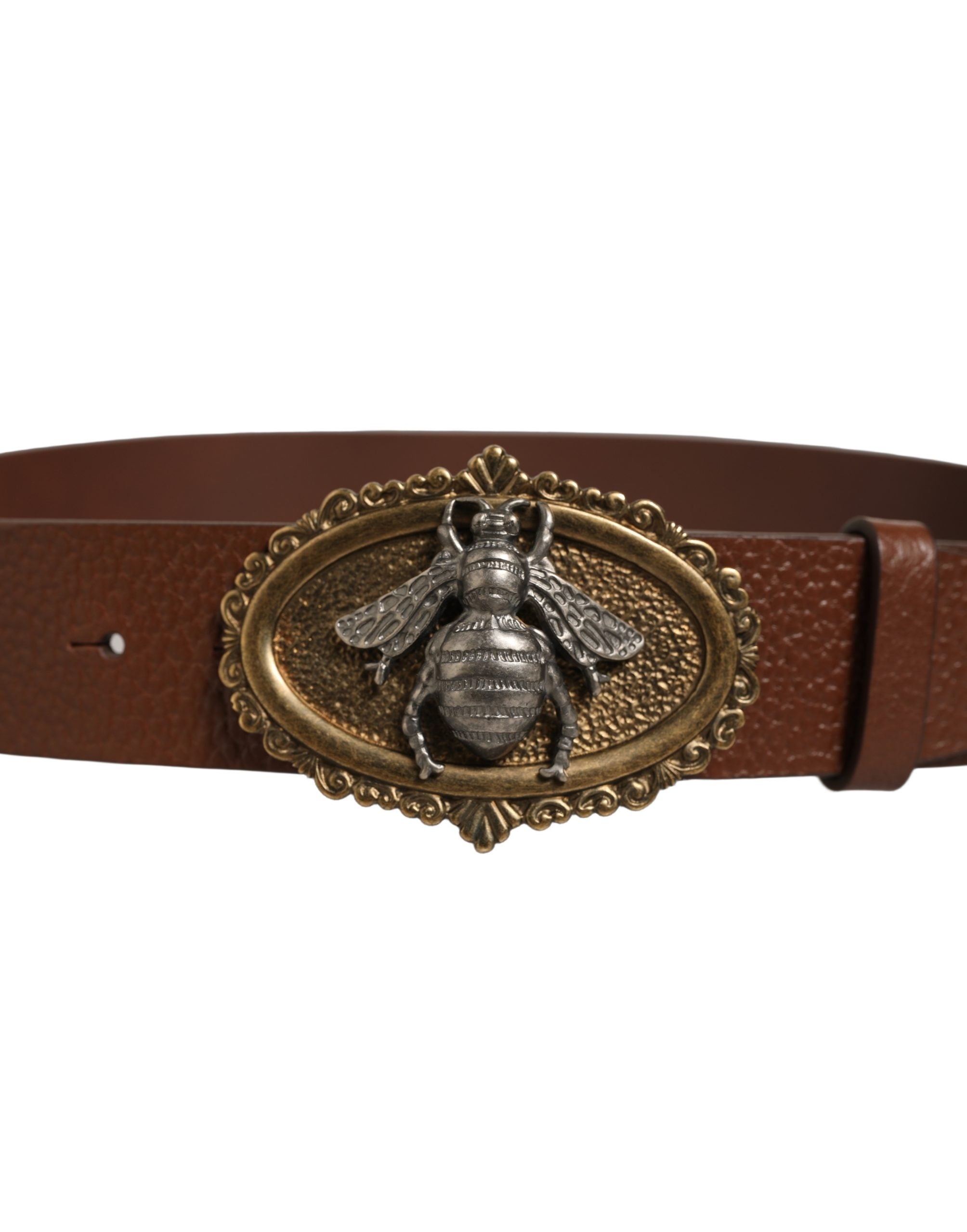 Dolce & Gabbana Brown Leather Bee Accent Metal Buckle Men's Belt
