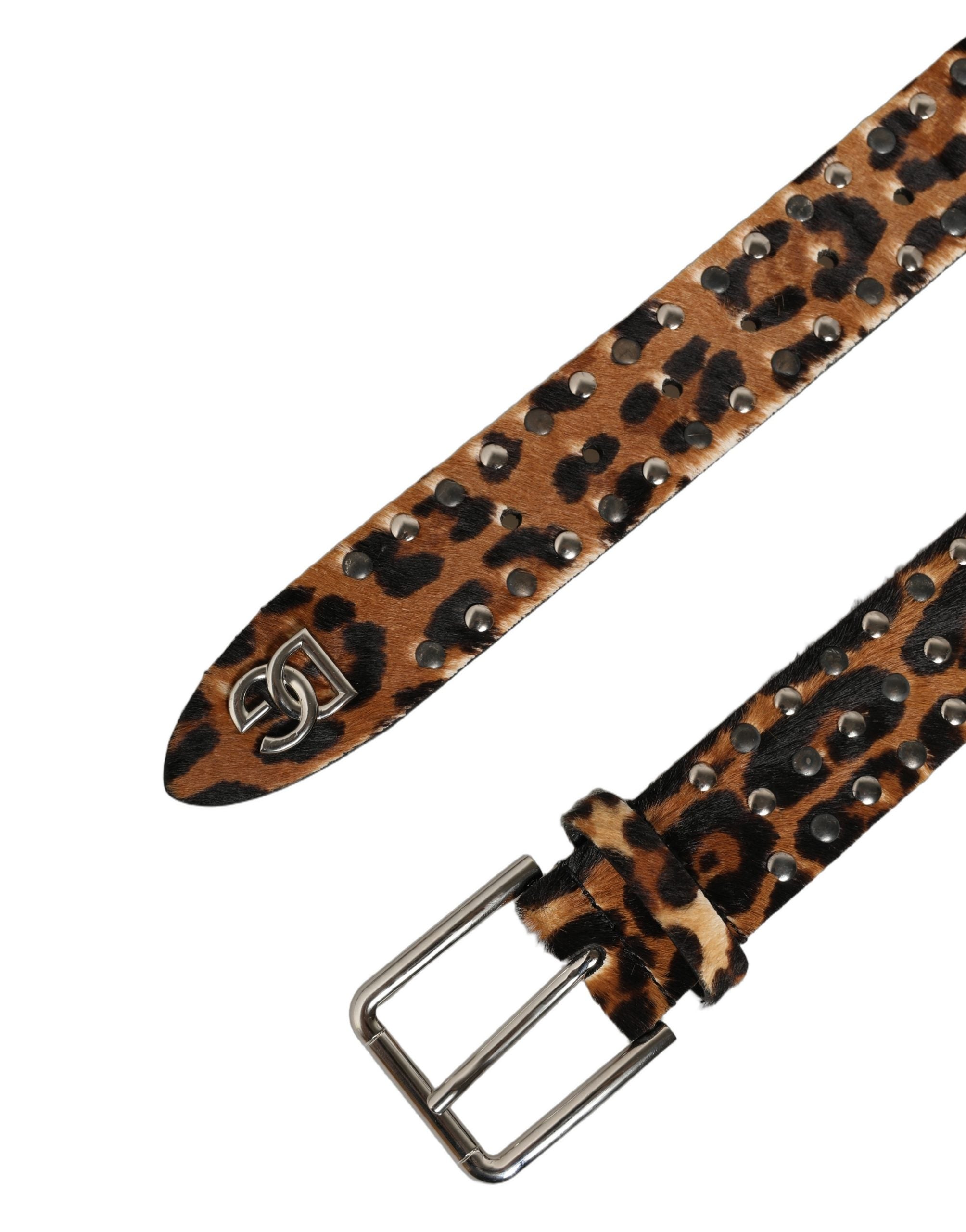 Dolce & Gabbana Brown Leopard Calf Hair Studs Metal Buckle Men's Belt