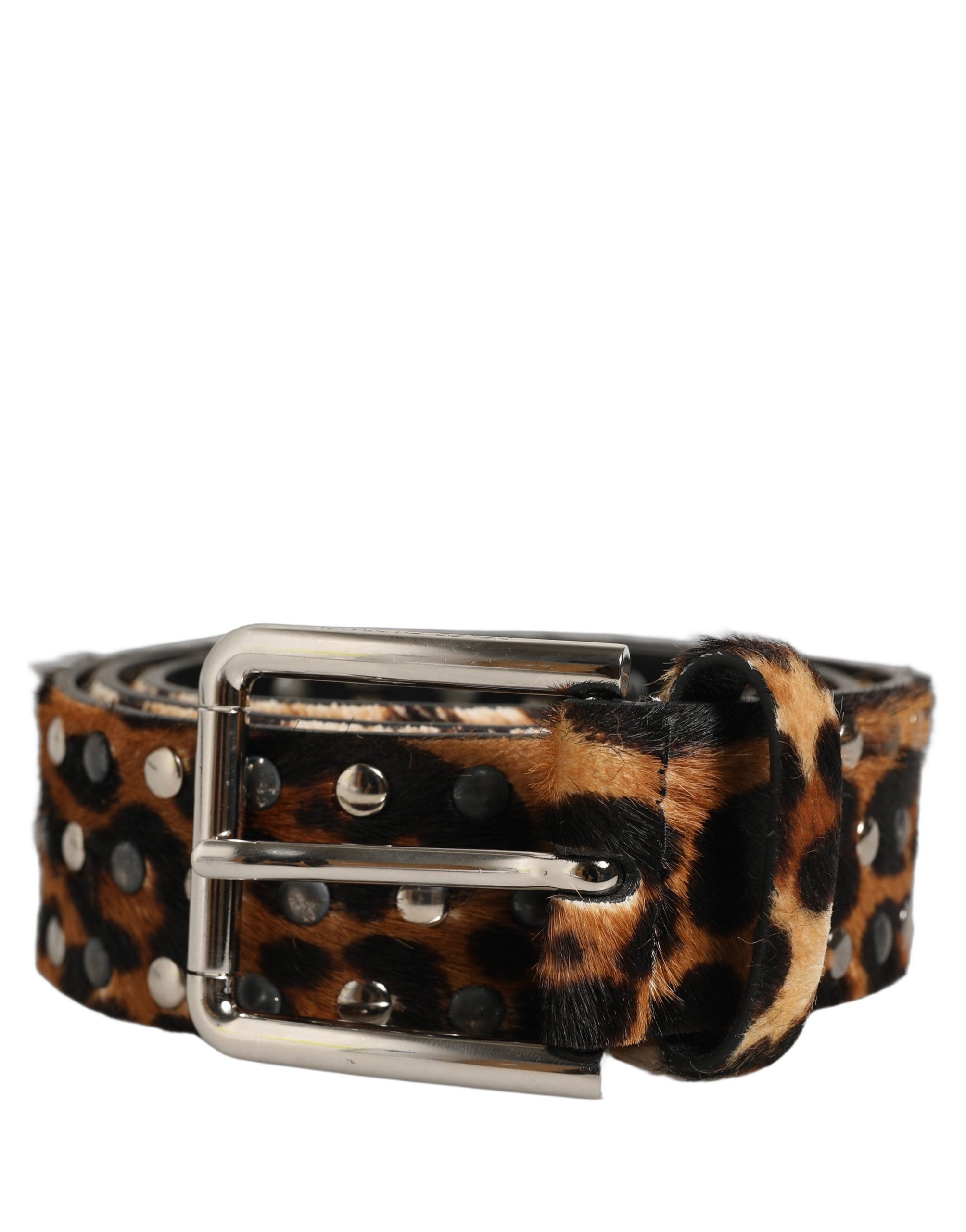 Dolce & Gabbana Brown Leopard Calf Hair Studs Metal Buckle Men's Belt