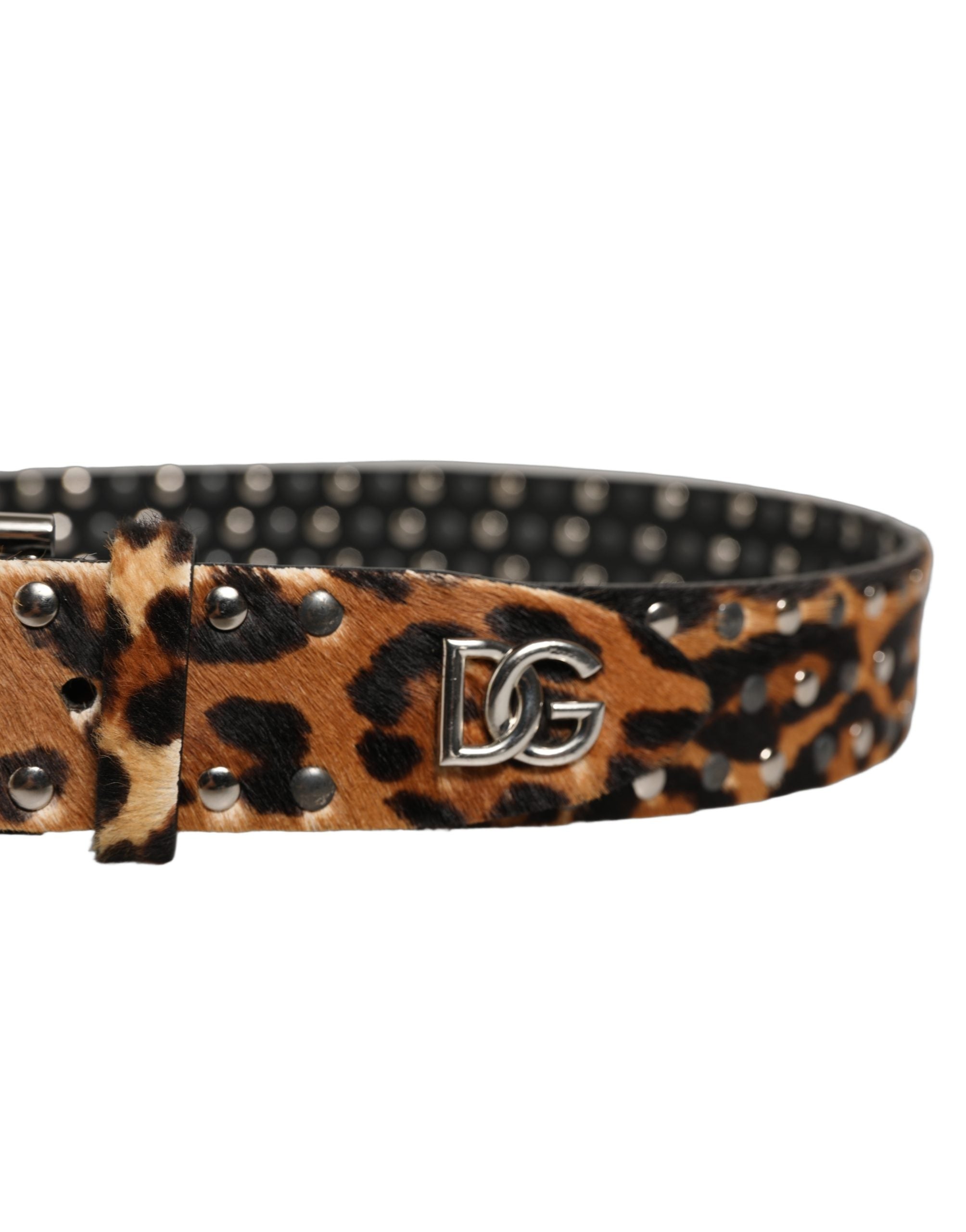 Dolce & Gabbana Brown Leopard Calf Hair Studs Metal Buckle Men's Belt