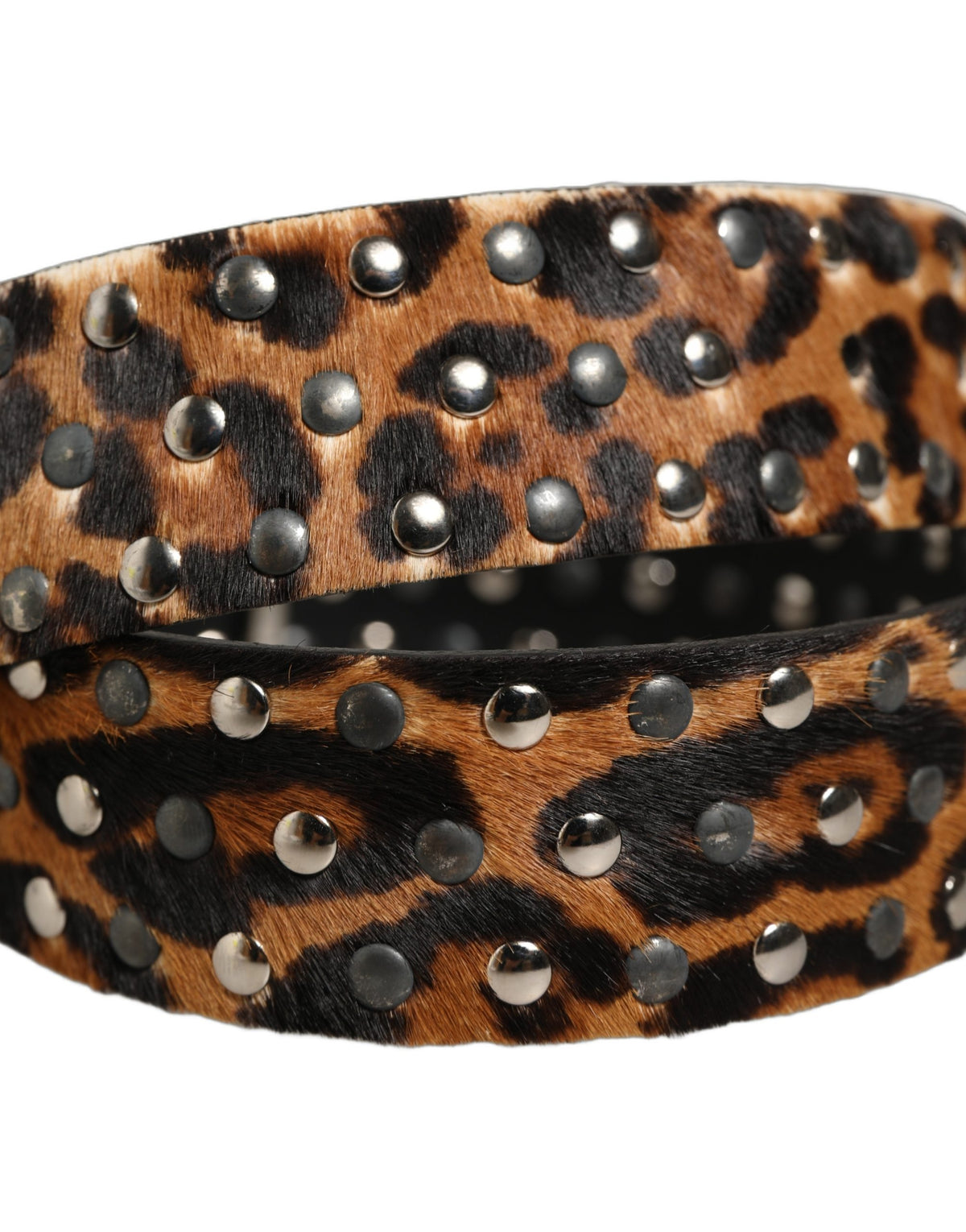 Dolce & Gabbana Brown Leopard Calf Hair Studs Metal Buckle Men's Belt