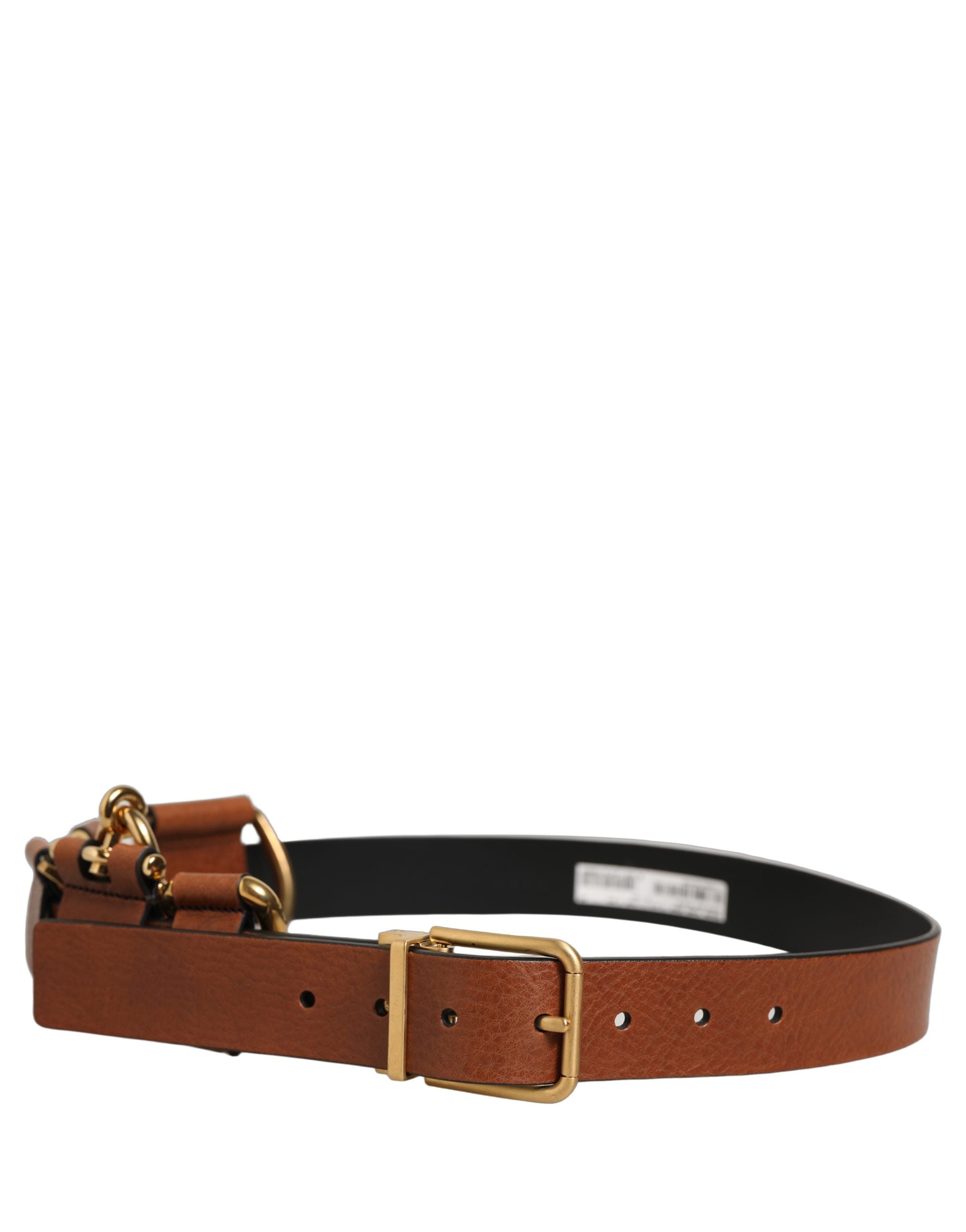 Dolce & Gabbana Brown Leather Gold Metal Rings Buckle Men's Belt