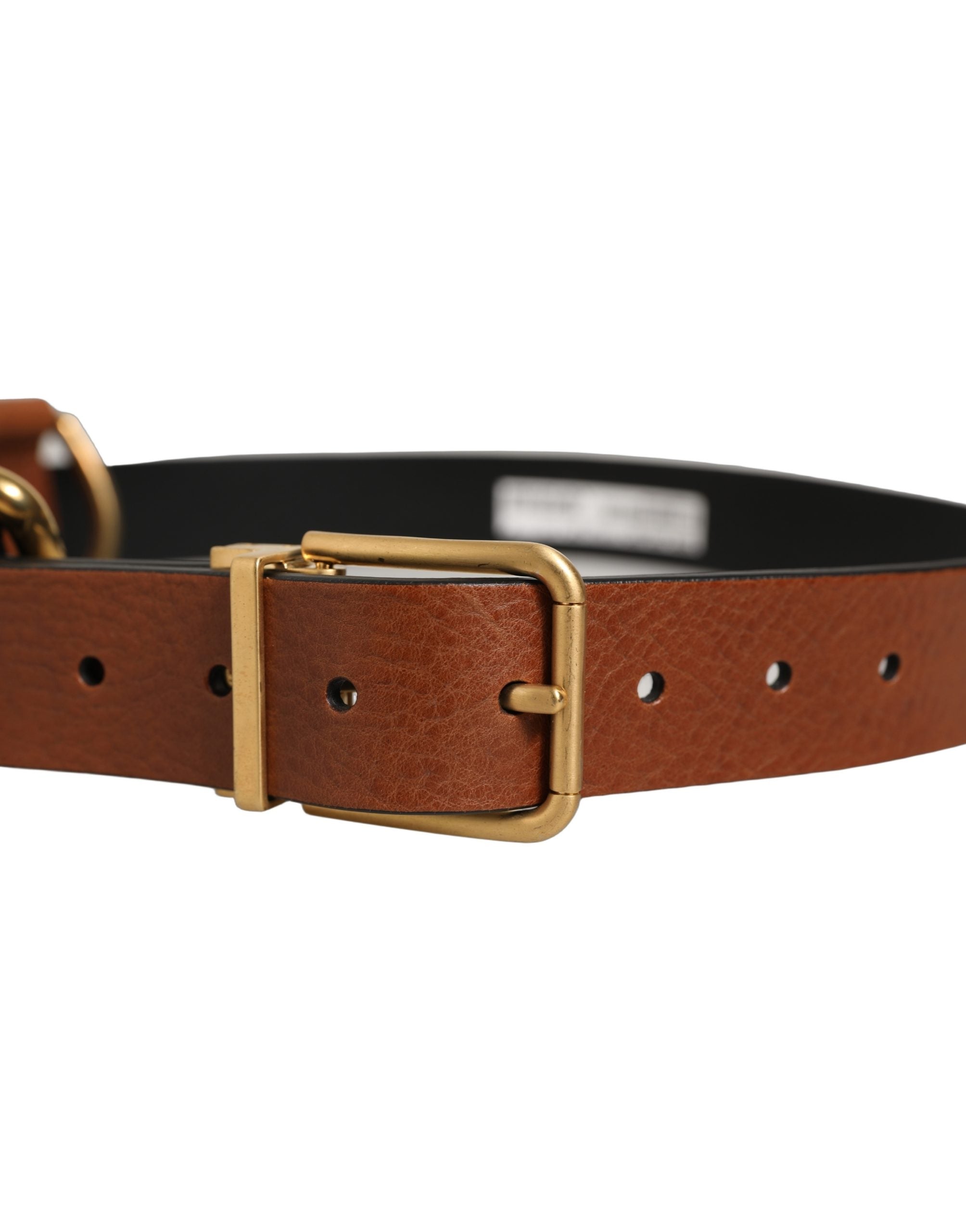 Dolce & Gabbana Brown Leather Gold Metal Rings Buckle Men's Belt