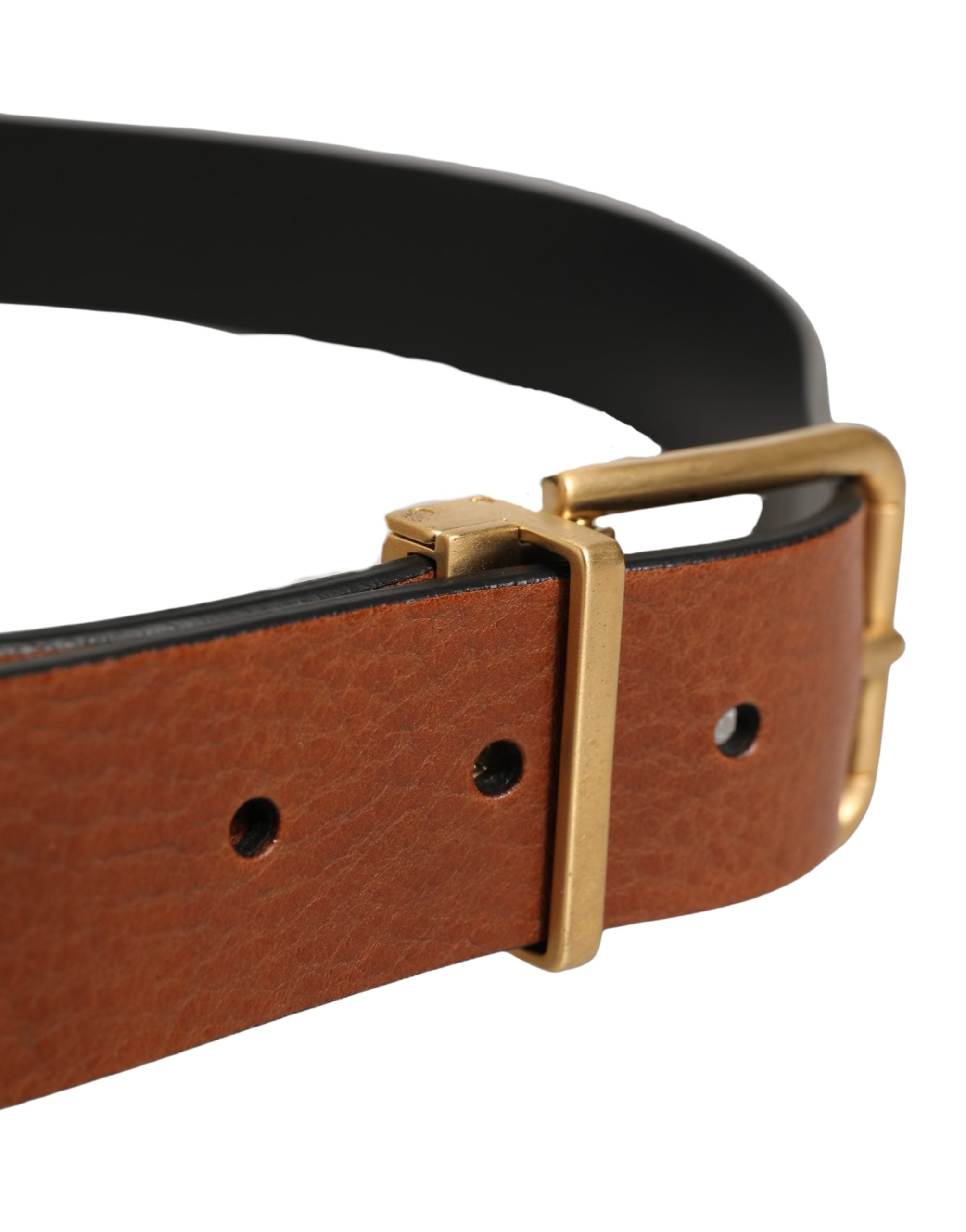 Dolce & Gabbana Brown Leather Gold Metal Rings Buckle Men's Belt