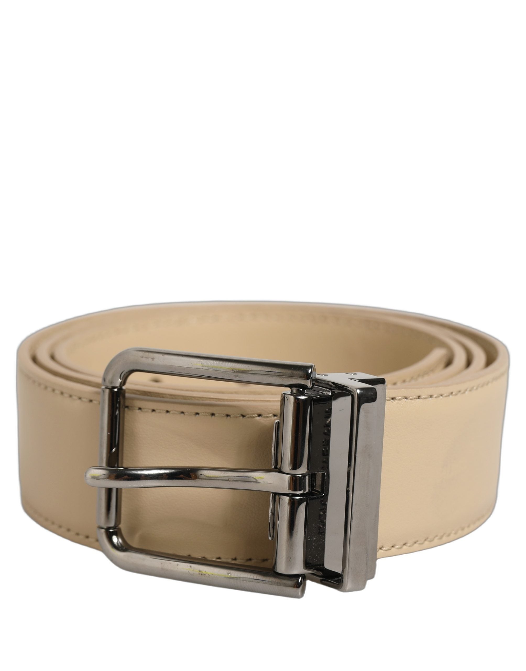 Dolce & Gabbana Beige Leather Silver Tone Metal Buckle Men's Belt