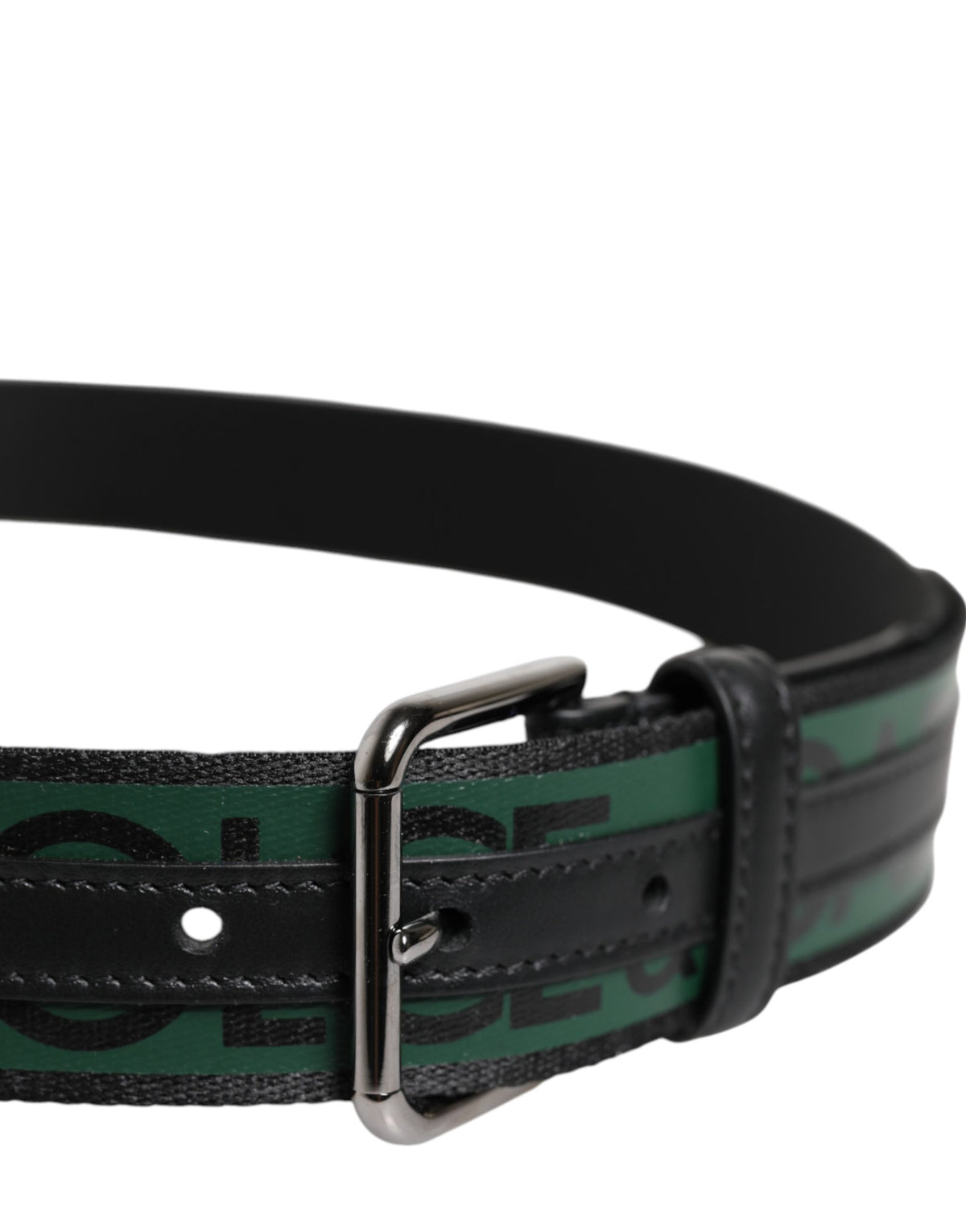 Dolce & Gabbana Black Green Logo Silver Tone Metal Buckle Men's Belt (Pre-Owned)