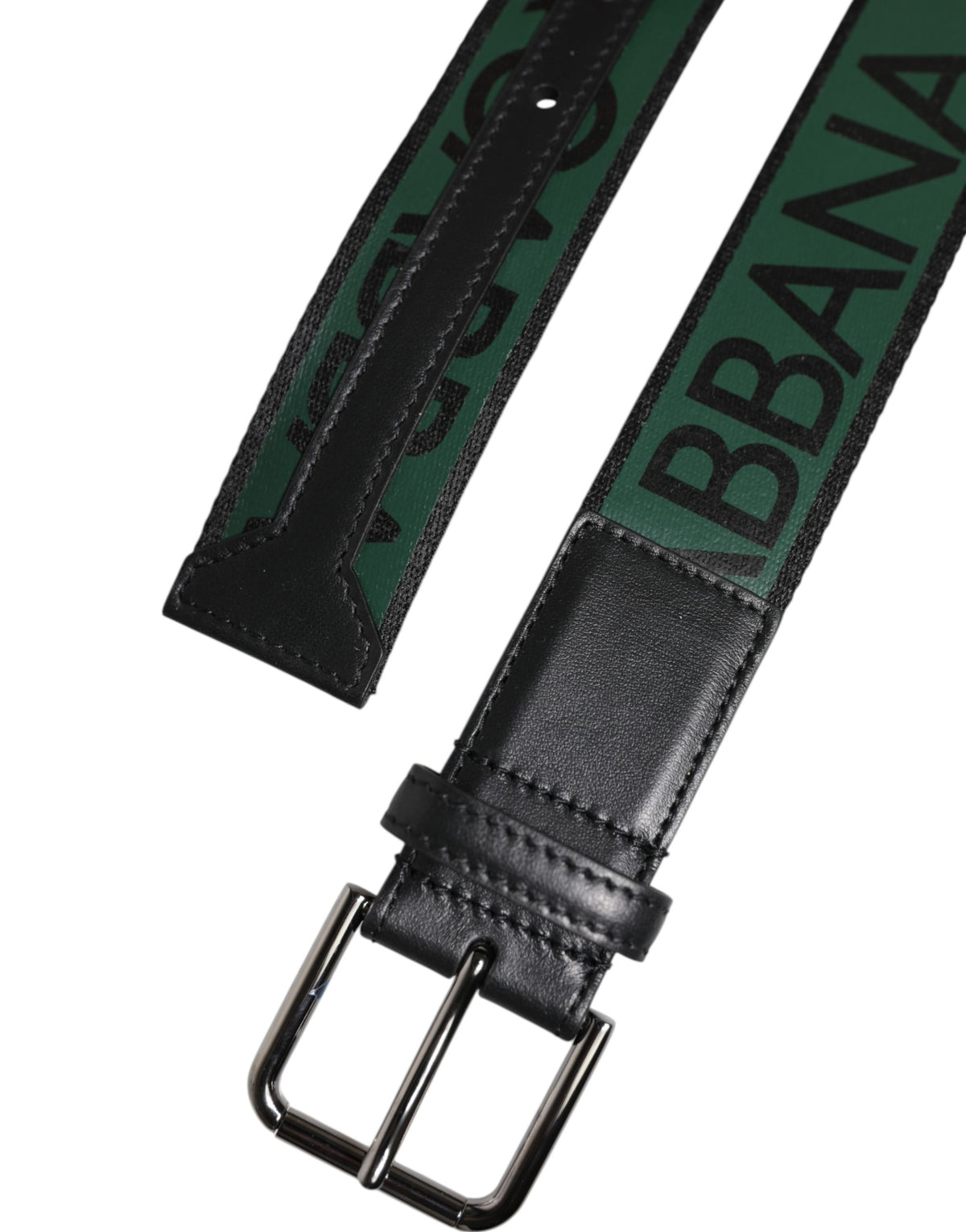 Dolce & Gabbana Black Green Logo Silver Tone Metal Buckle Men's Belt (Pre-Owned)