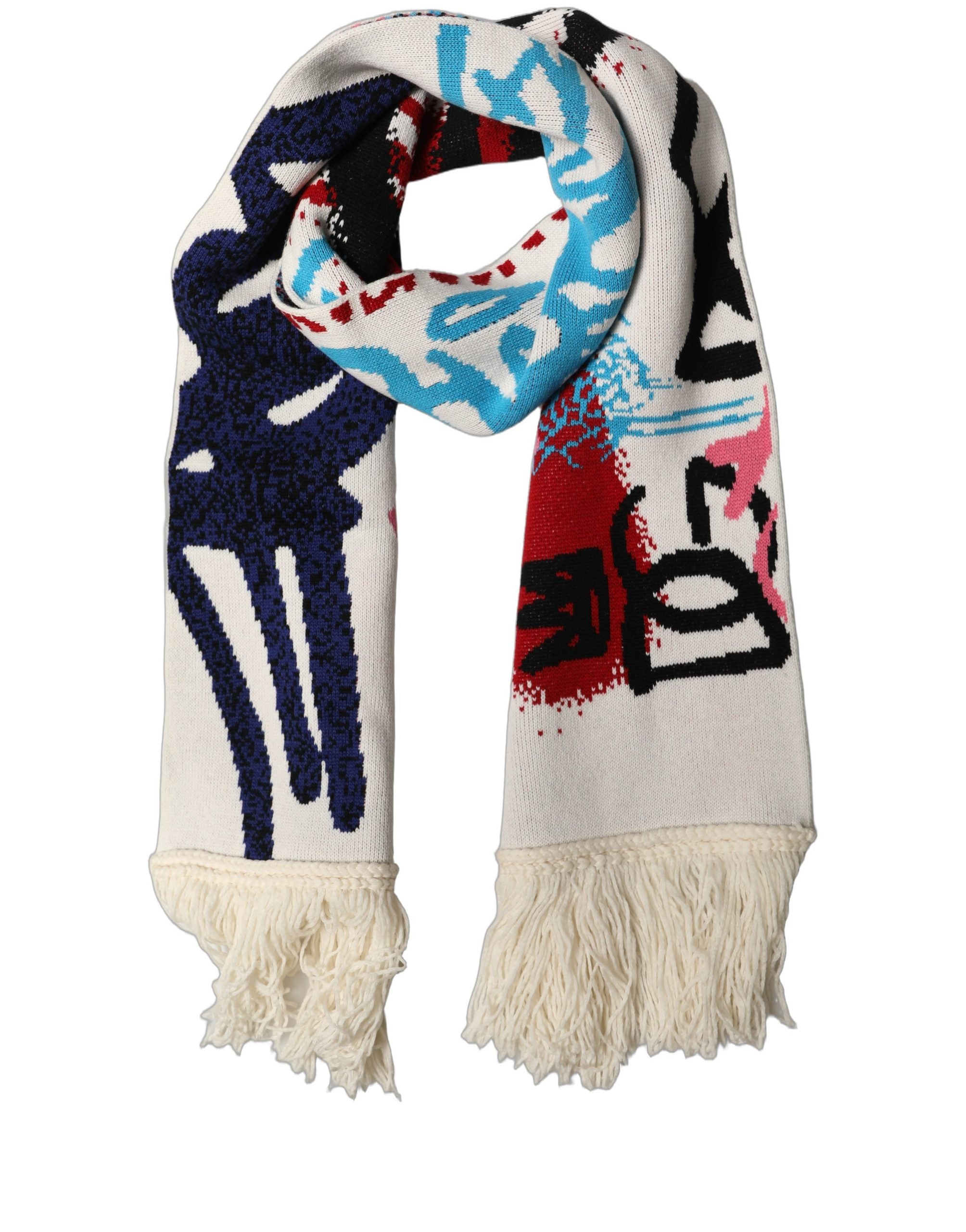 Dolce & Gabbana White Graphic Cashmere Fringed Shawl Men's Scarf