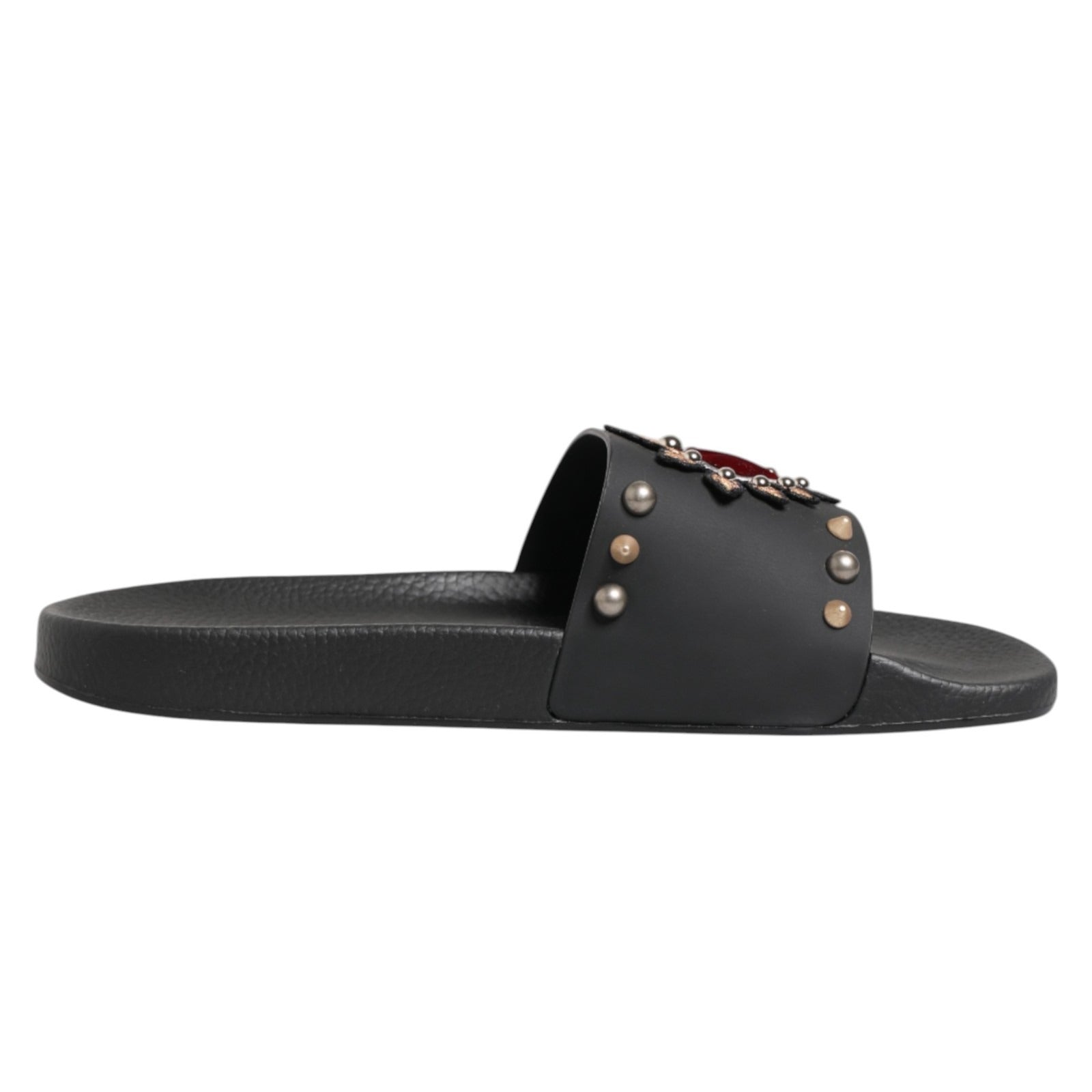 Dolce & Gabbana Black Heart Patch Rubber Calfskin Slippers Men's Shoes