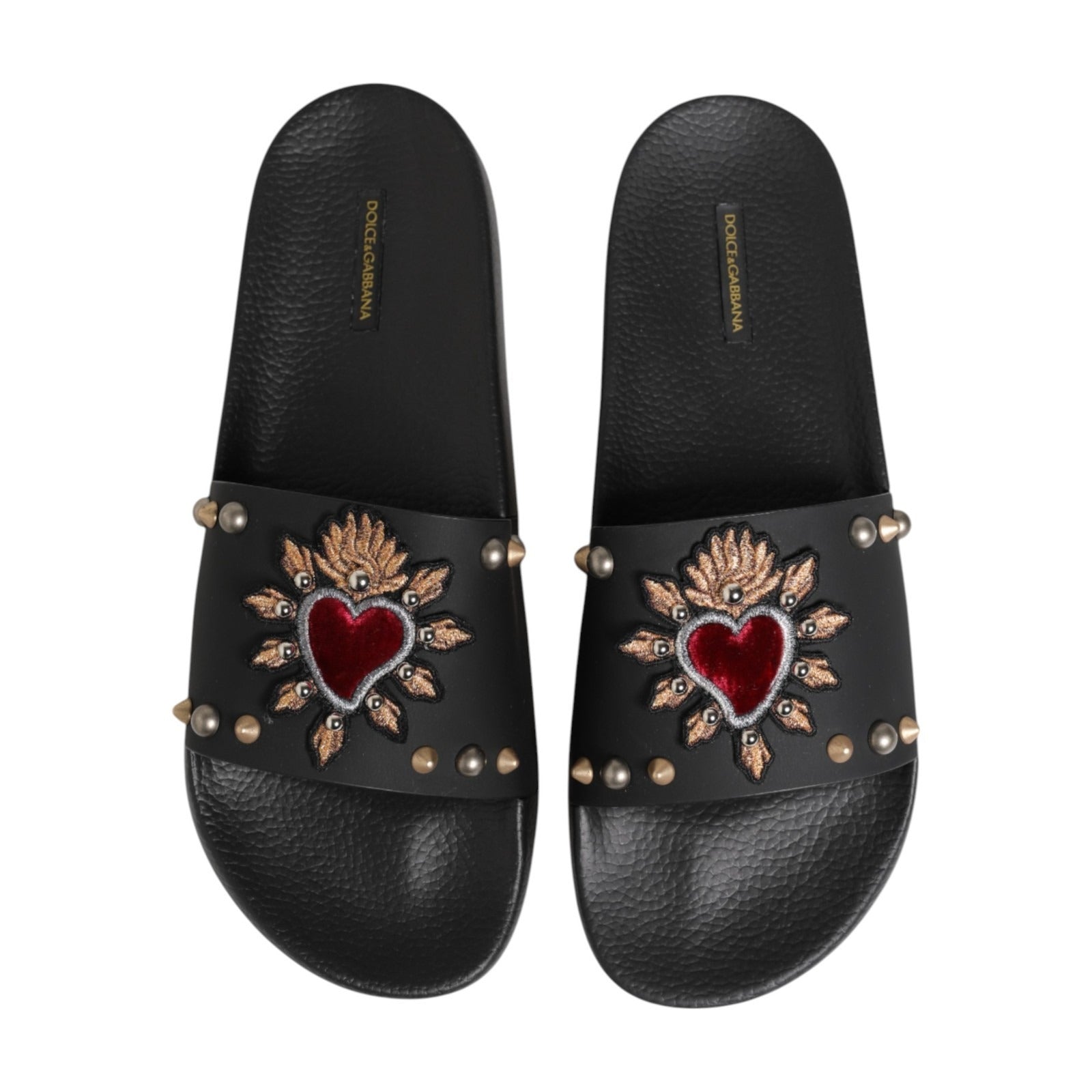 Dolce & Gabbana Black Heart Patch Rubber Calfskin Slippers Men's Shoes