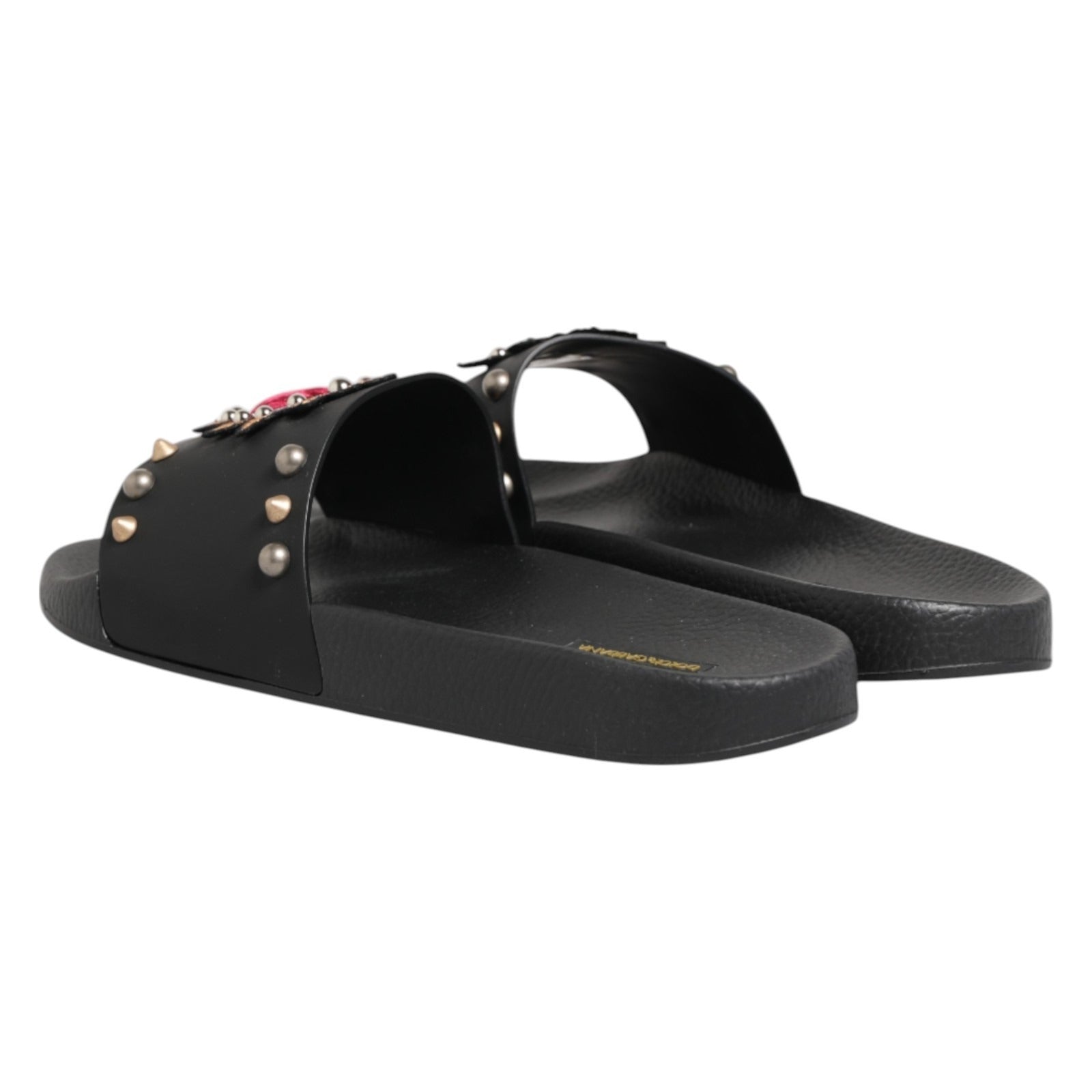 Dolce & Gabbana Black Heart Patch Rubber Calfskin Slippers Men's Shoes