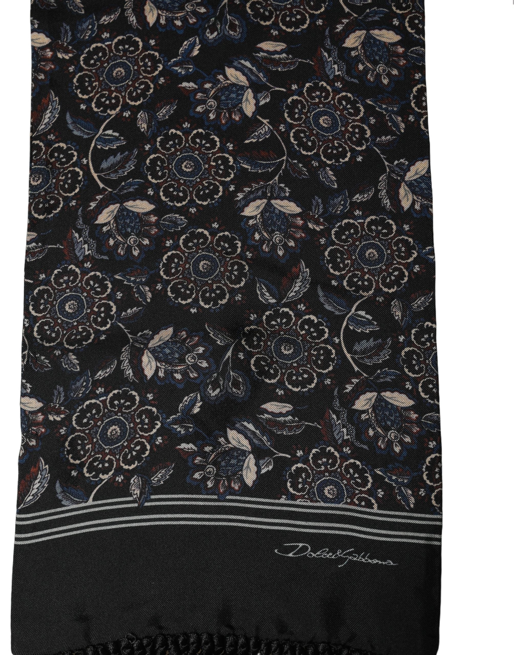 Dolce & Gabbana Black Silk Floral Paisley Fringed Shawl Men's Scarf