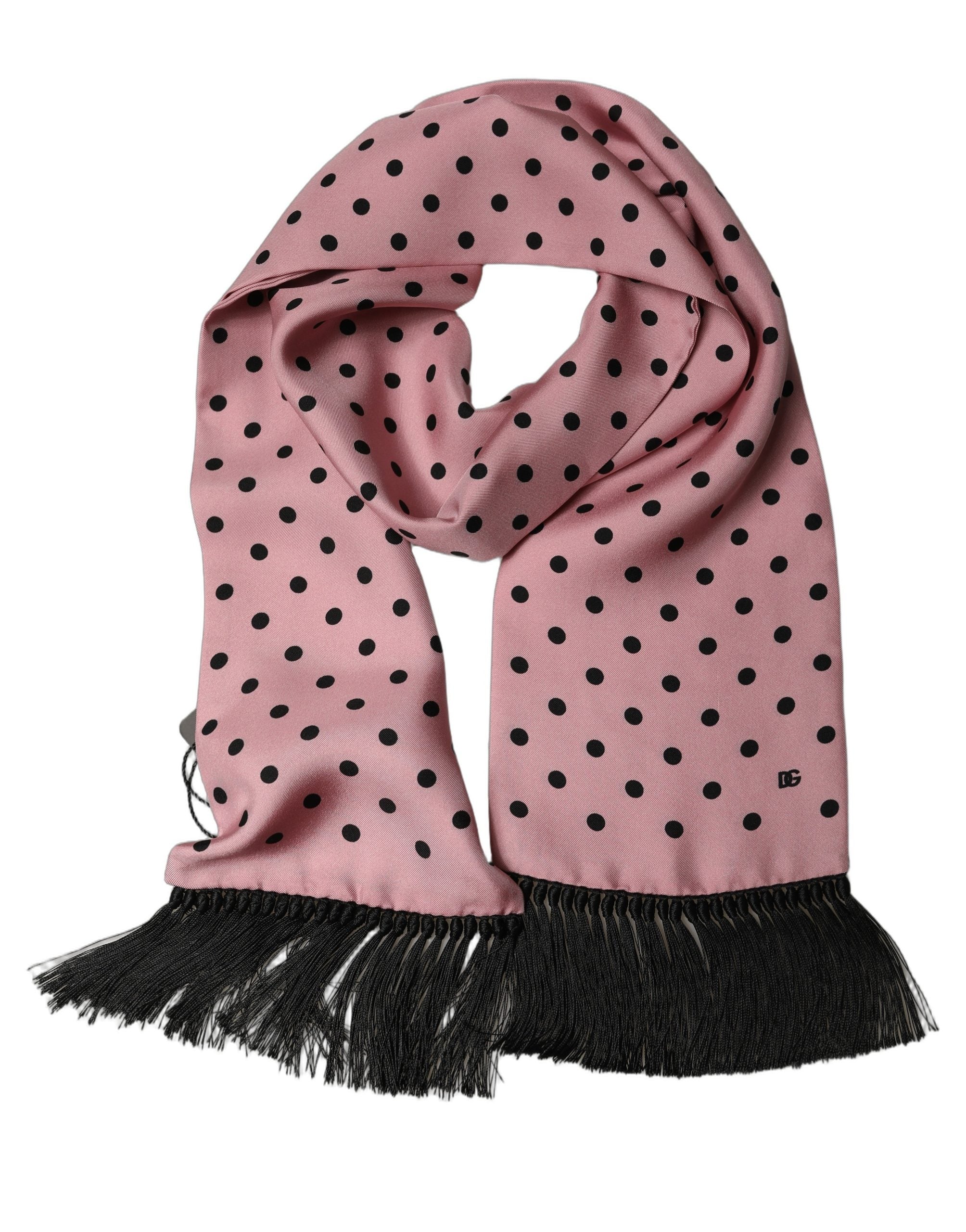 Dolce & Gabbana Pink Polka Dot Silk Fringed Lace Stole Men's Scarf
