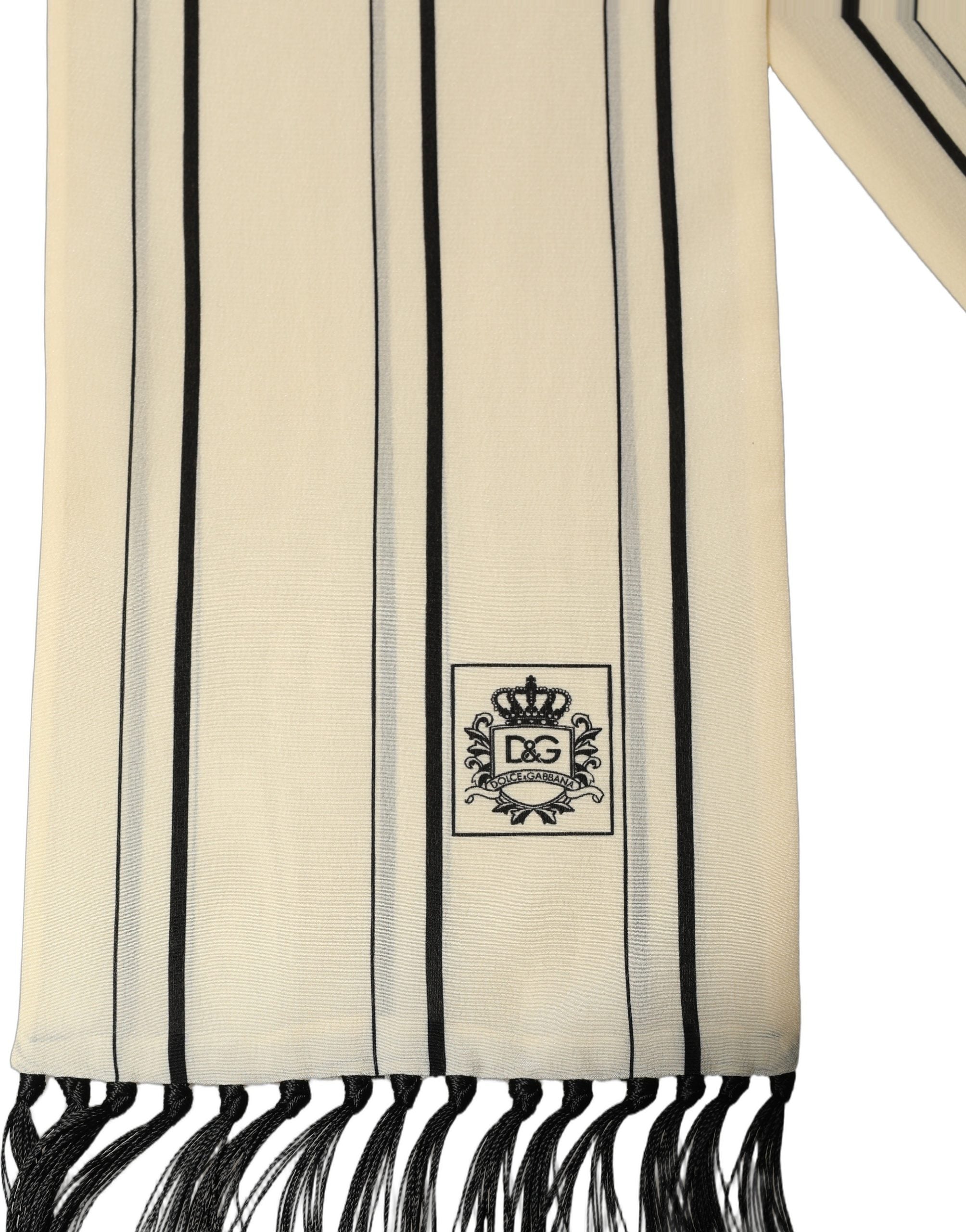 Dolce & Gabbana Beige Silk Striped Fringed Neck Shawl Men's Scarf