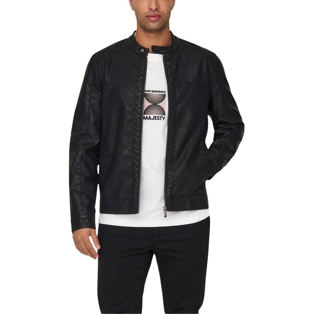 Only & Sons Black Polyester Biker Men's Jacket
