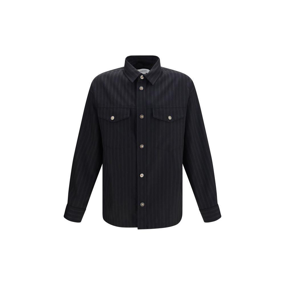 Versace Black Wool Oves Aries Pattern Men's Shirt