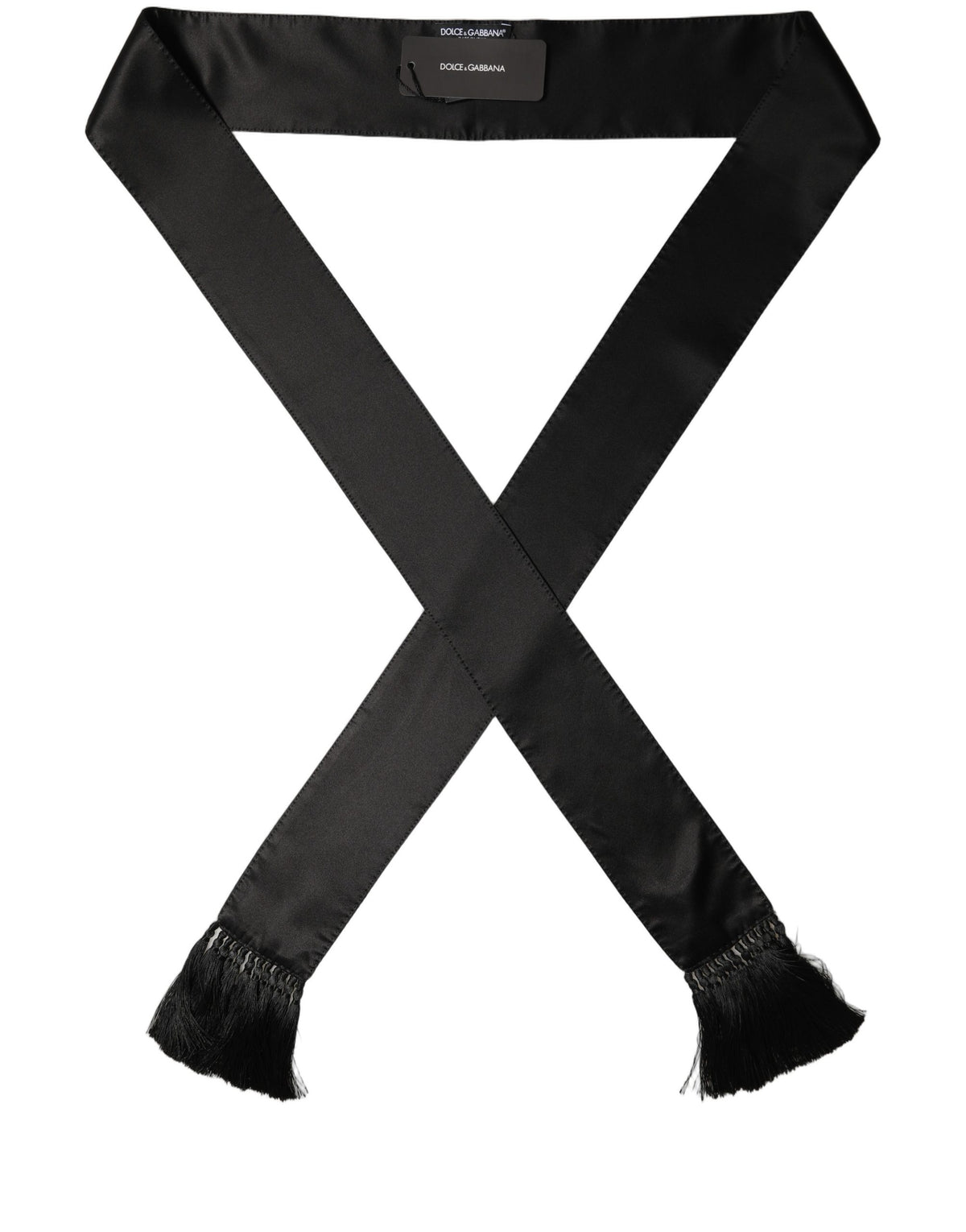 Dolce & Gabbana Black Satin Silk Skinny Fringed Shawl Men's Scarf