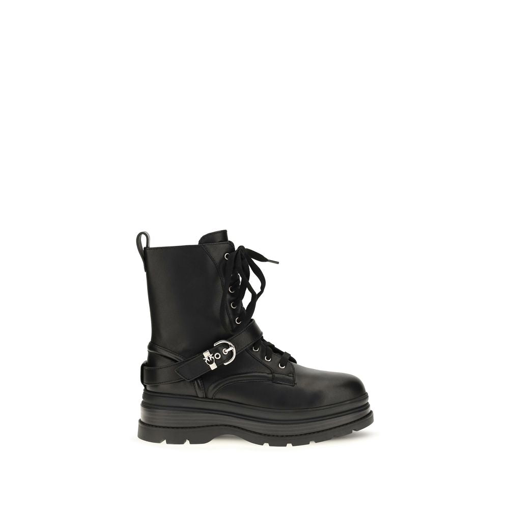 PINKO Black Calf Leather Bos Taurus Lace-Up Women's Boots