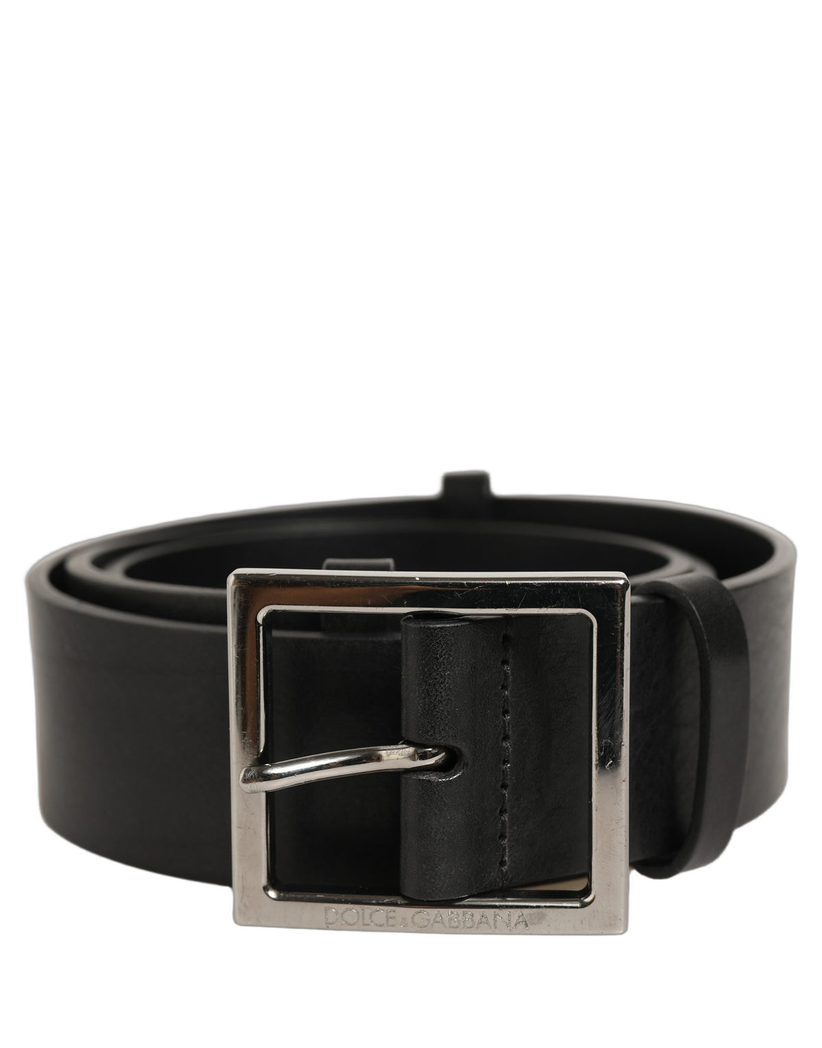 Dolce & Gabbana Black Leather Silver Tone Square Buckle Men's Belt (Pre-Owned)