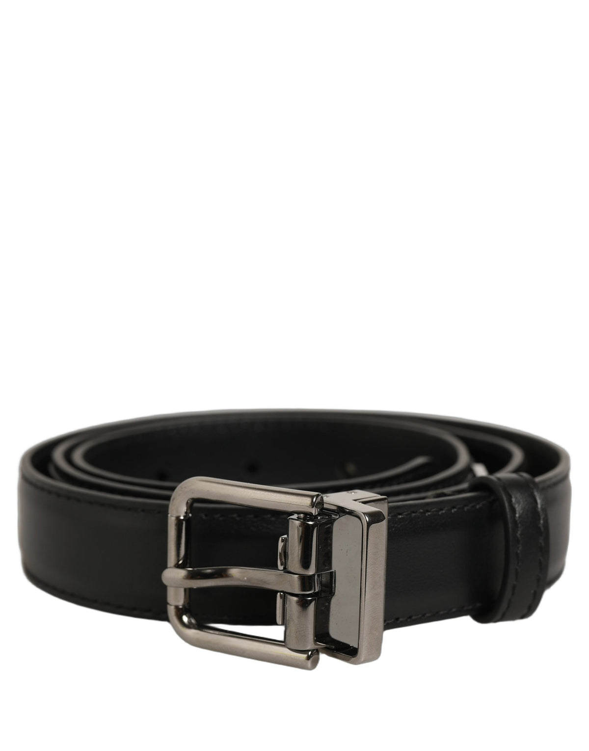 Dolce & Gabbana Black Leather Silver Tone Metal Buckle Men's Belt