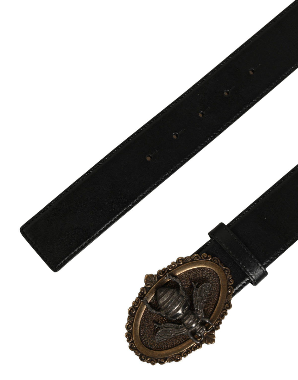 Dolce & Gabbana Black Leather Bee Accent Metal Buckle Men's Belt
