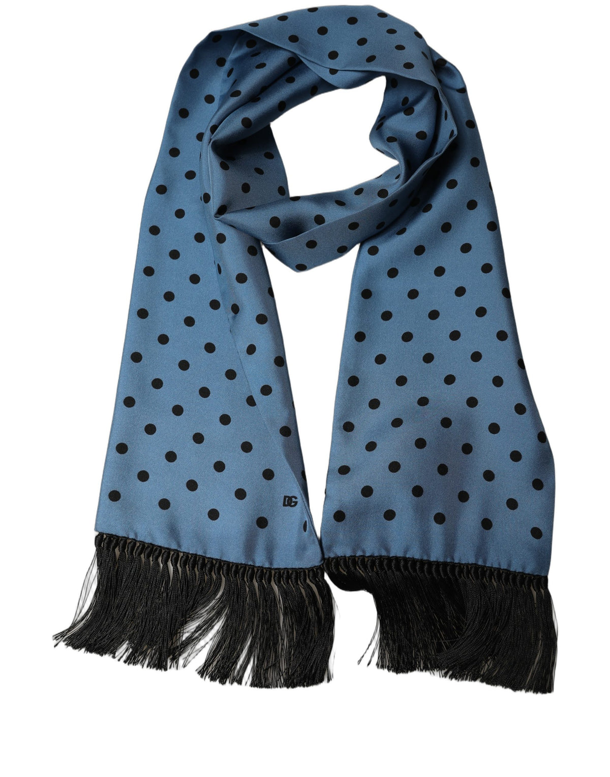 Dolce & Gabbana Blue Polka Dot Silk Fringed Lace Stole Men's Scarf