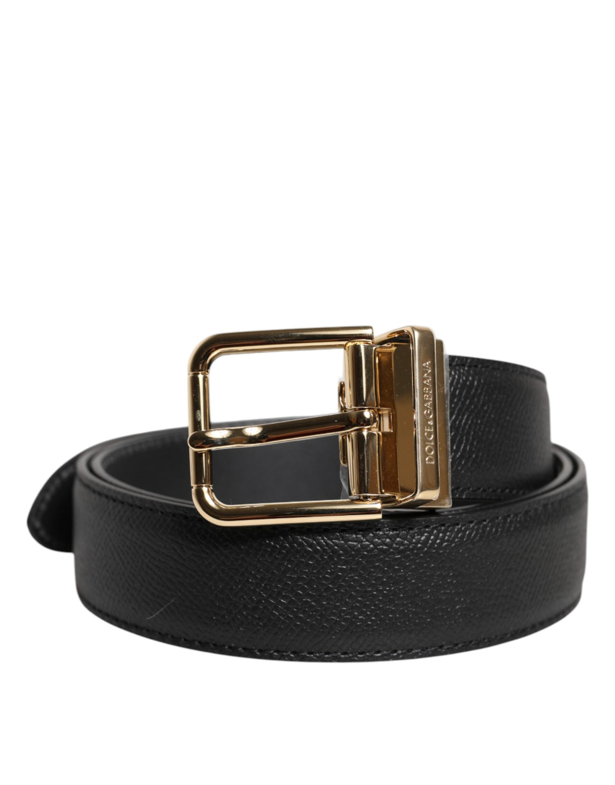 Dolce & Gabbana Black Grained Leather Gold Metal Buckle Women's Belt