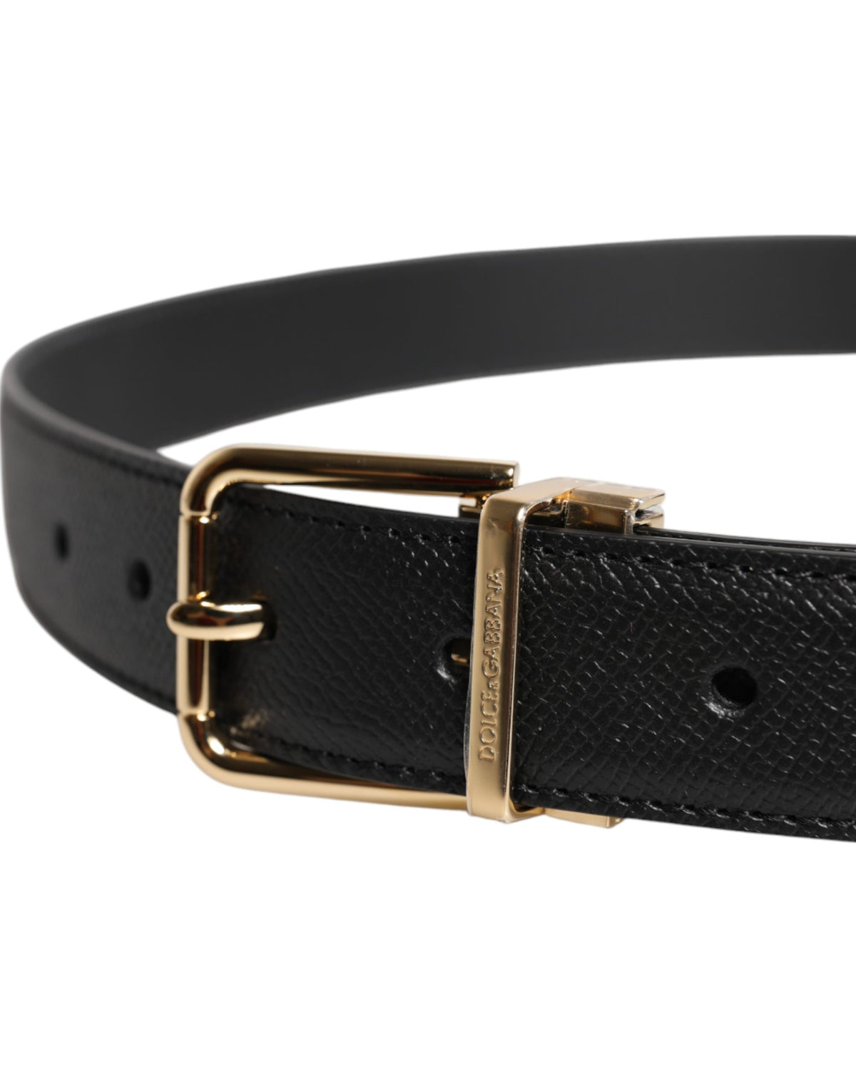 Dolce & Gabbana Black Grained Leather Gold Metal Buckle Women's Belt